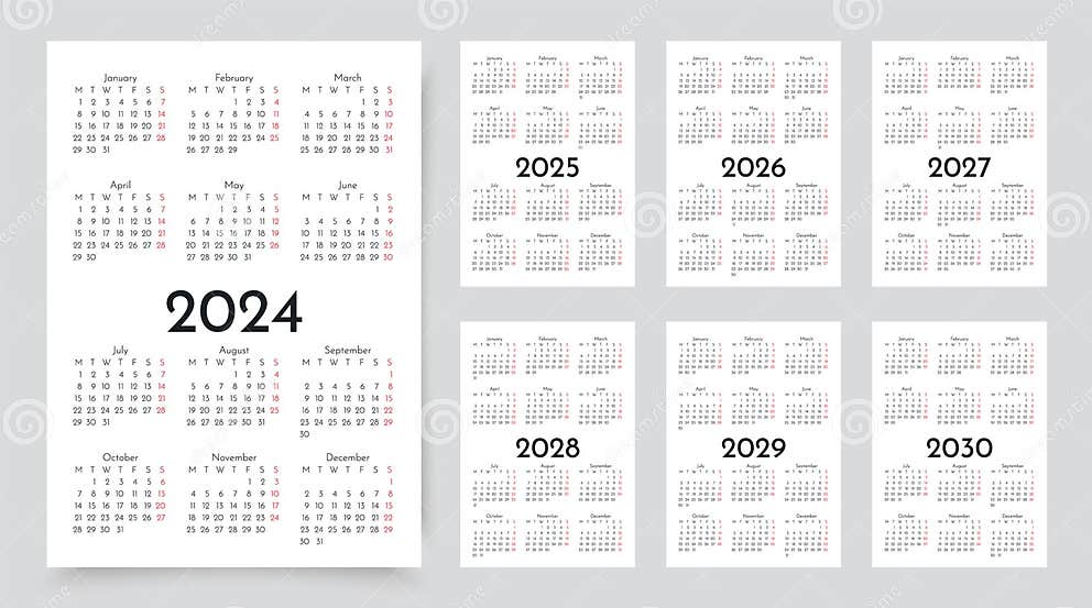 2024, 2025, 2026, 2027, 2028, 2029, 2030 Years Calendar. Set Templates