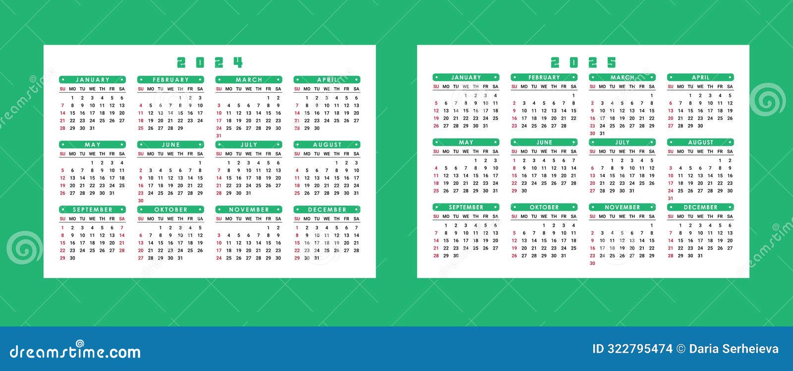 2024, 2025 Years Calendar. Week Starts on Sunday. Pocket or Wall