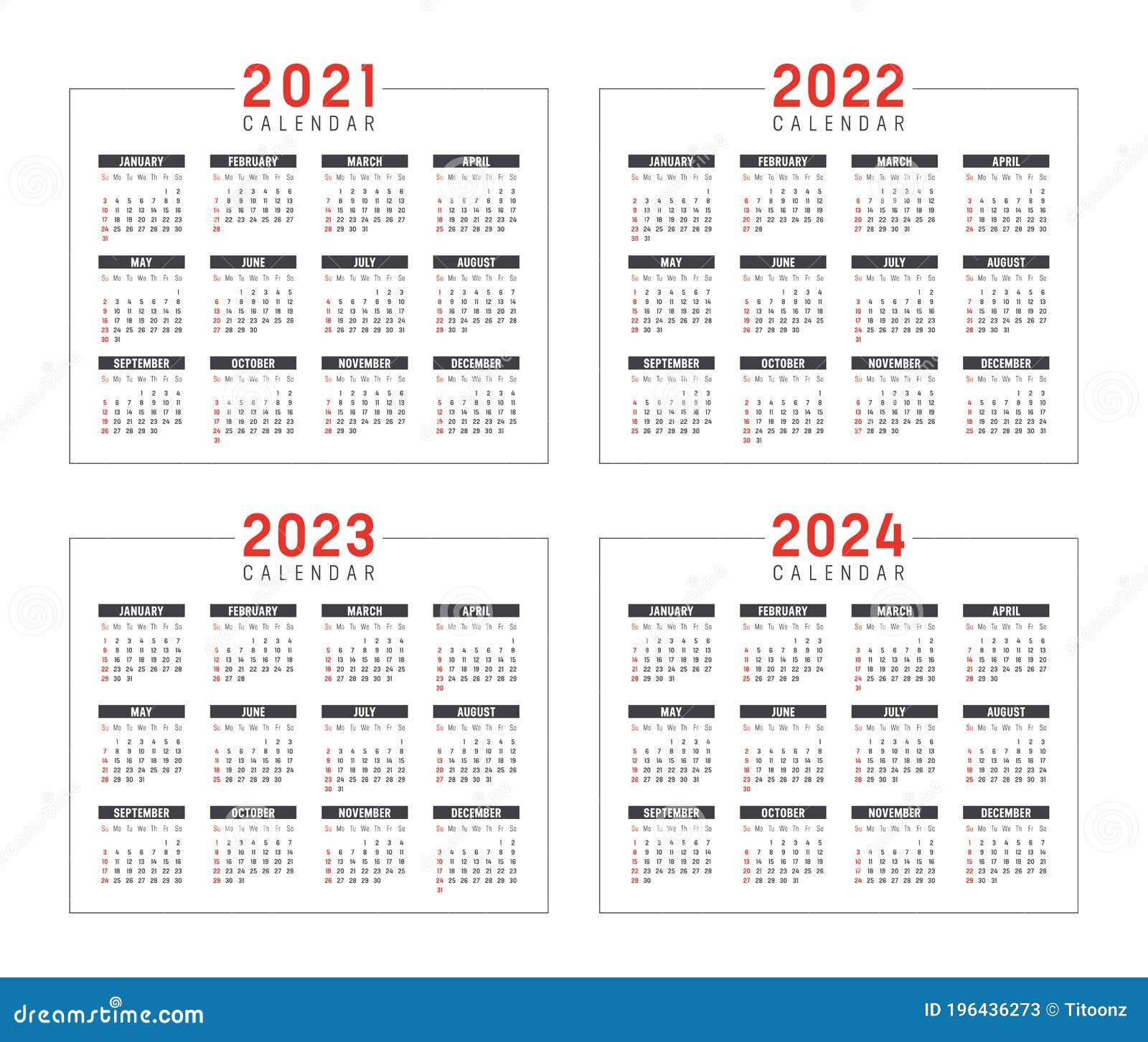 2022 2023 2024 2025 Calendar Template In Classic Strict Style With