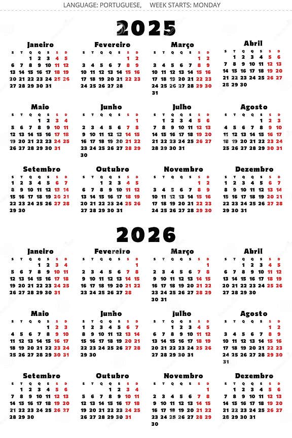 2025, 2026 Years Portuguese Calendars. Vector Collection for Portugal