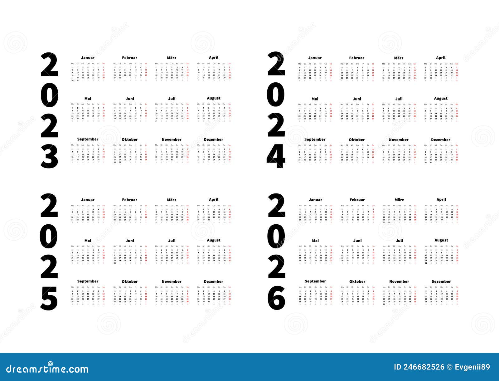 2023-2024-2025-2026-years-simple-horizontal-calendars-set-in-german-language-typographic