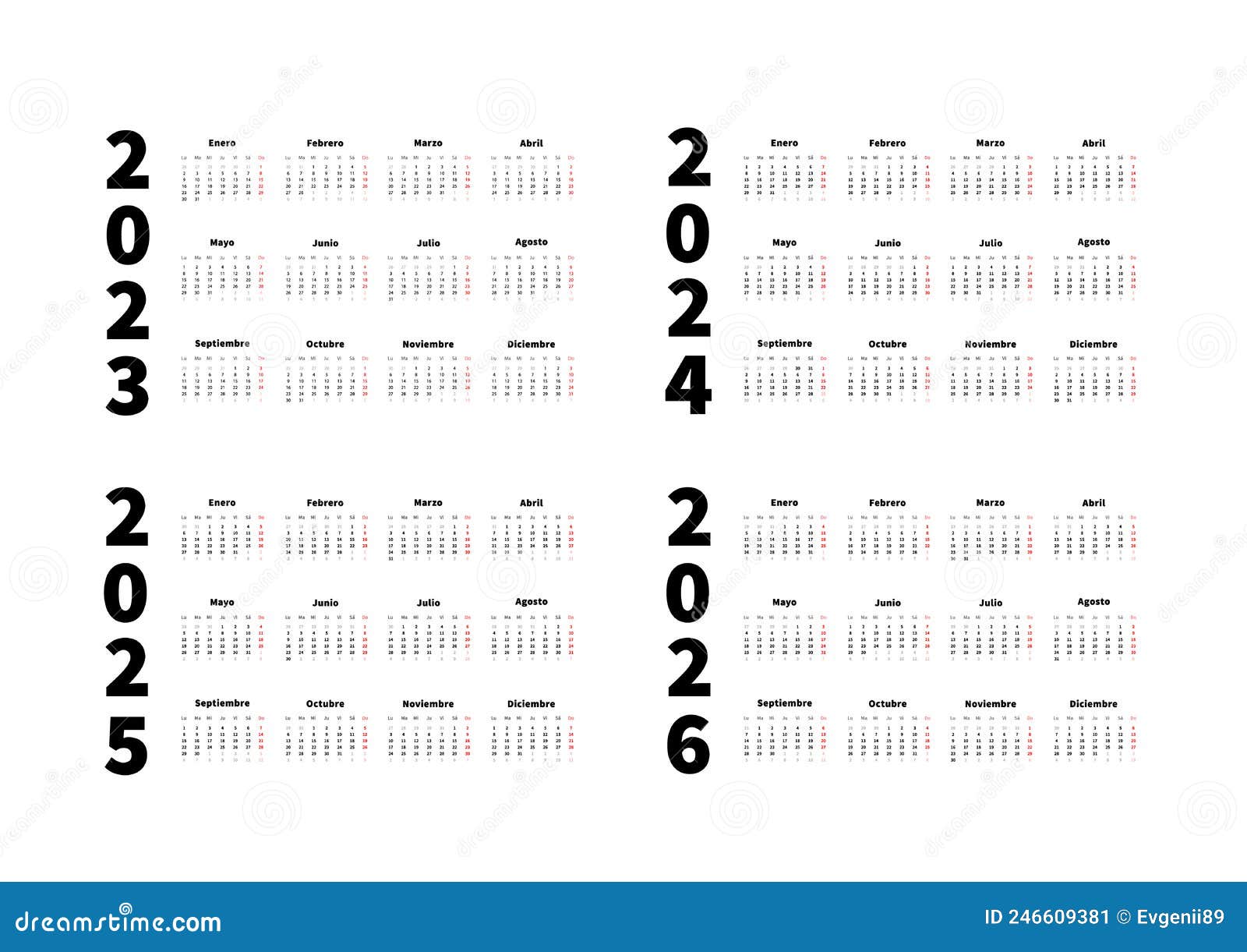 2023, 2024, 2025, 2026 Years Simple Horizontal Calendars Set in Spanish