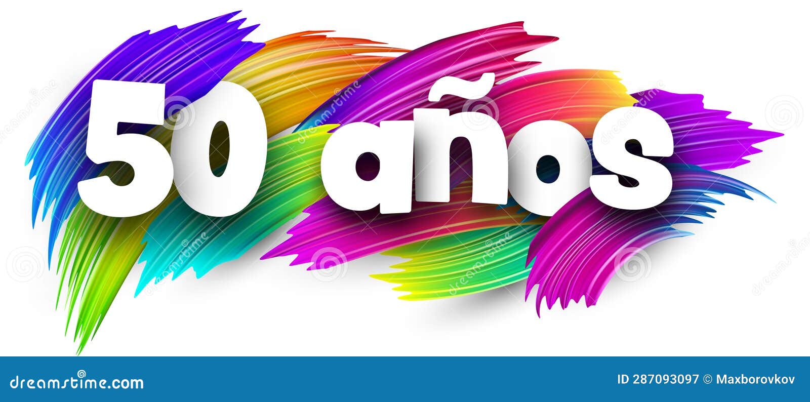 50 years at spanish paper word sign with colorful spectrum paint brush strokes over white