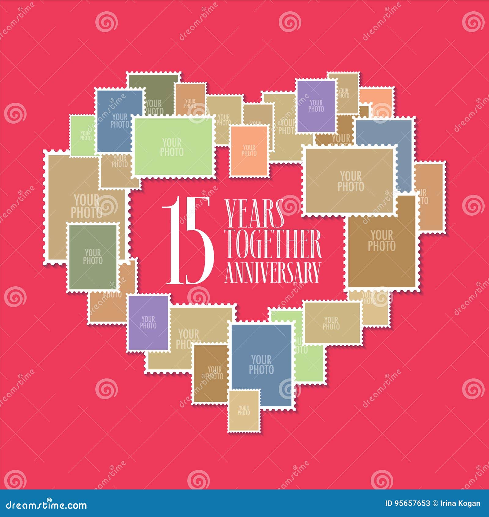 15 years of wedding or marriage vector icon, illustration. Template design element with photo frames and heart shape for celebration of 15th wedding anniversary