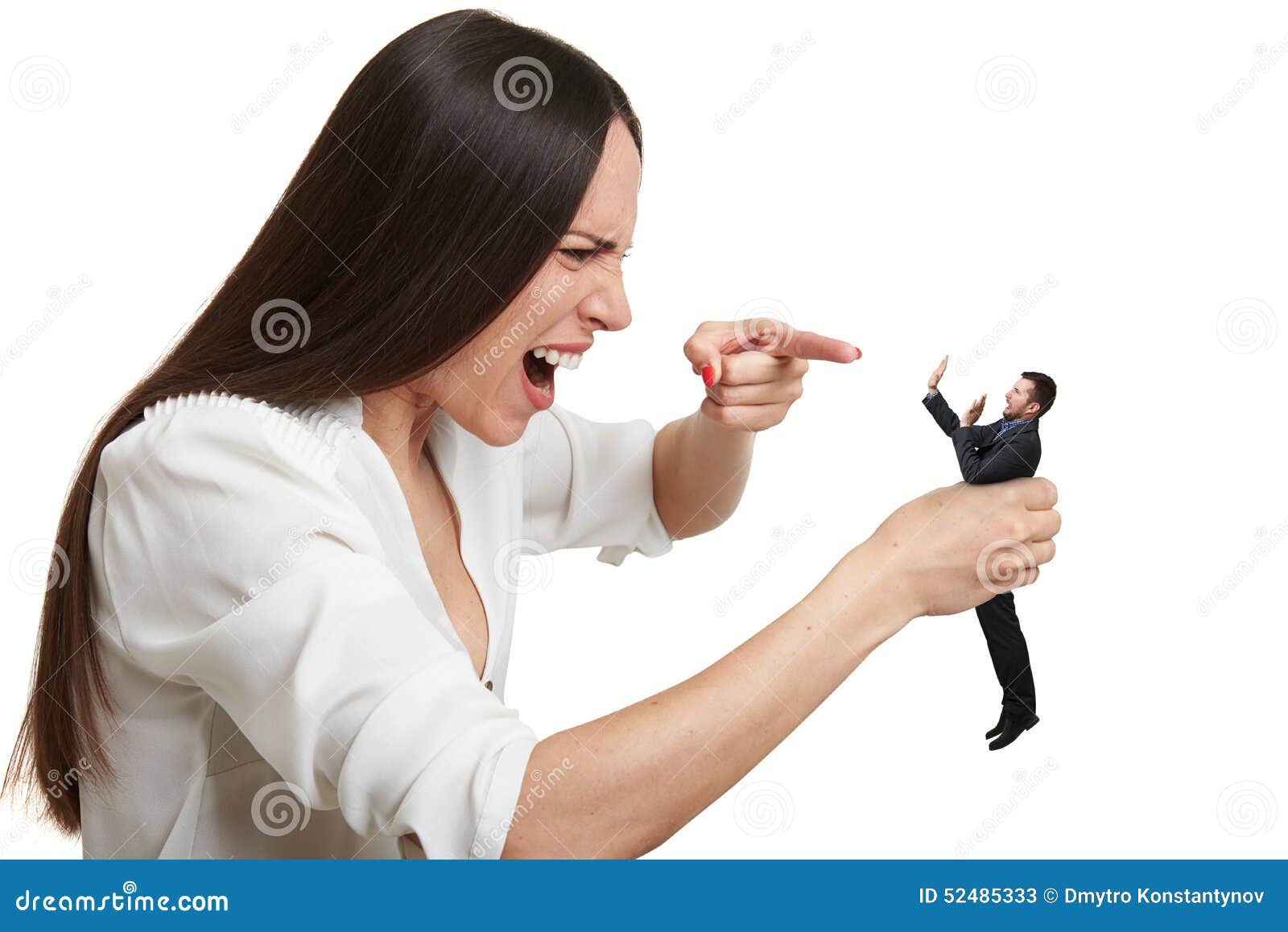 yelling woman pointing at small scared man