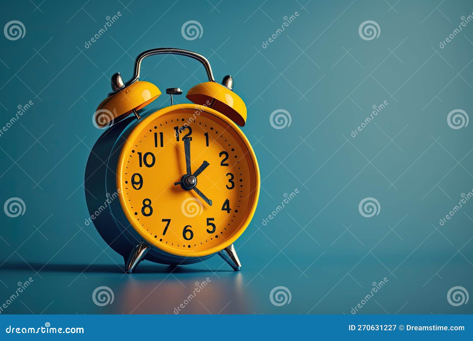 Yellow Alarm Clock, Blue Background. Generative AI Stock Illustration