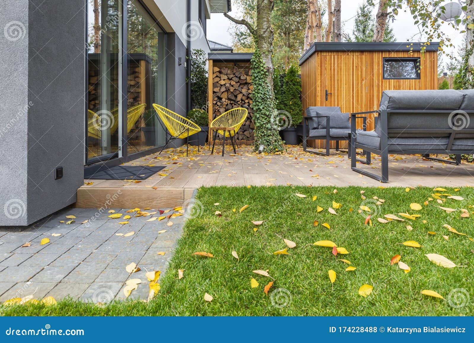 Yellow Armchairs and Grey Sofas in the Garden Stock Photo Image of