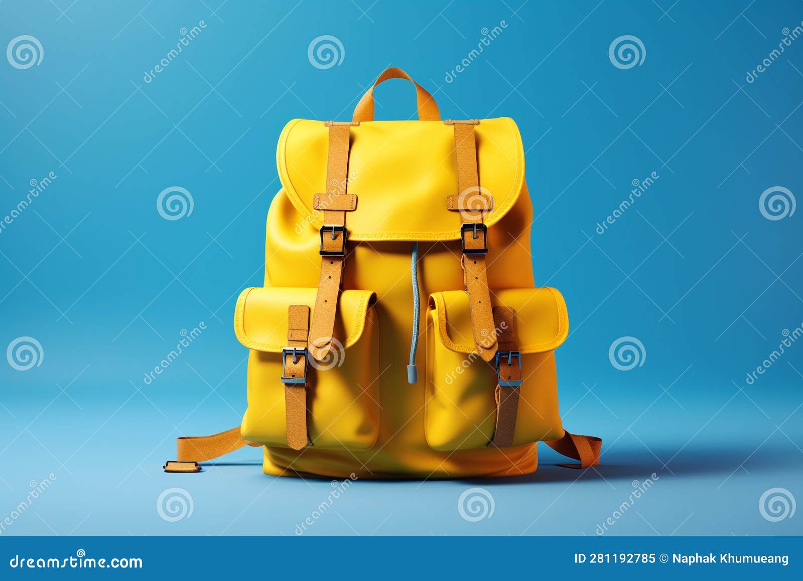 Yellow Backpack on Blue Background. Ai Generative Stock Illustration