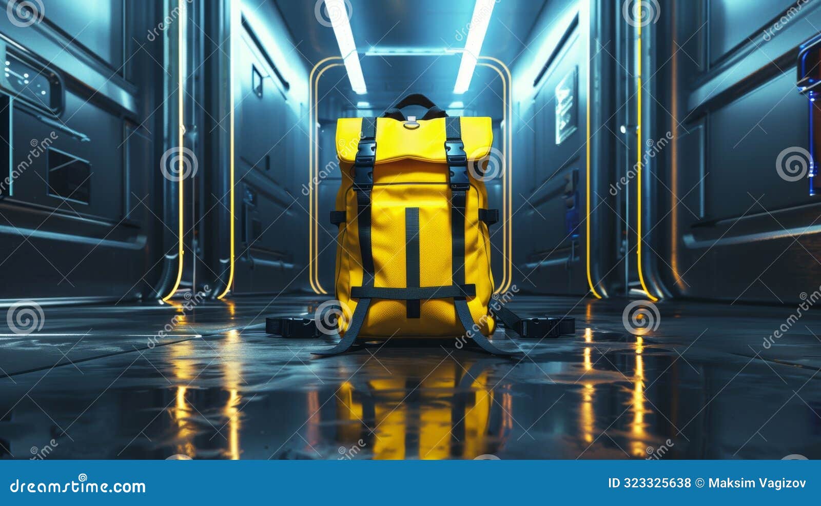 yellow backpack in futuristic corridor, generative ai