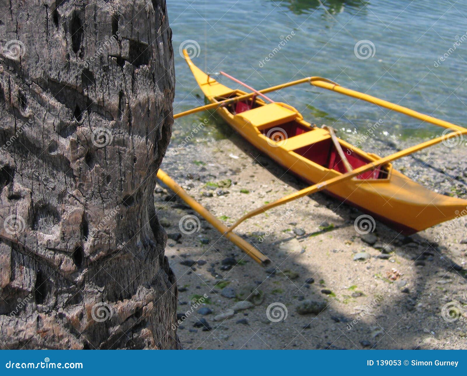 yellow banka outrigger canoe palm tree philippines stock