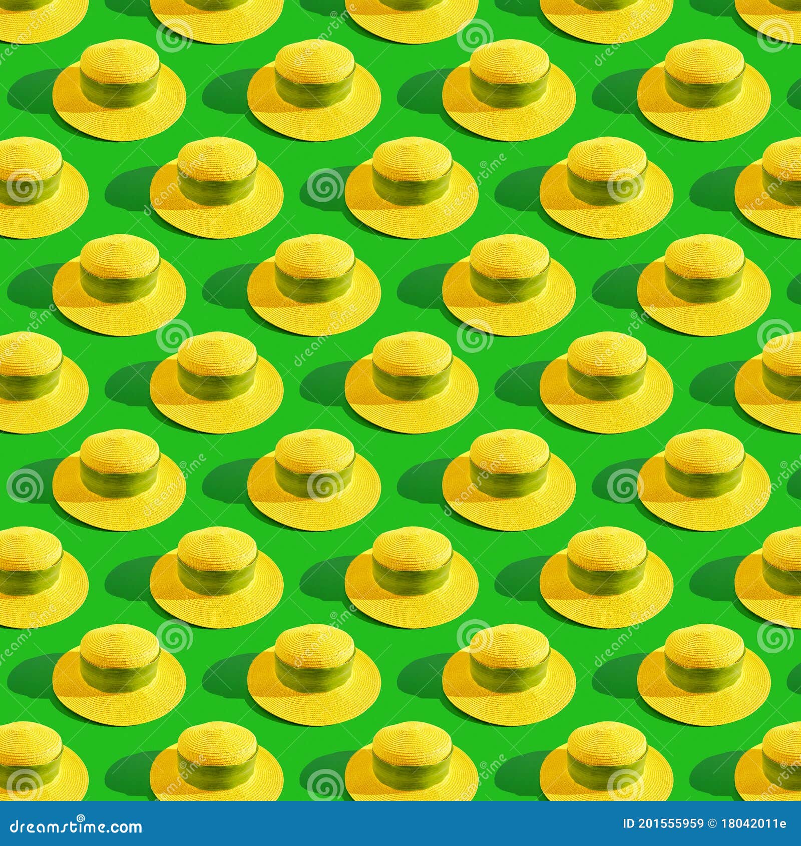 Yellow Beach Summer Straw Hat on Green Background, Seamless Pattern