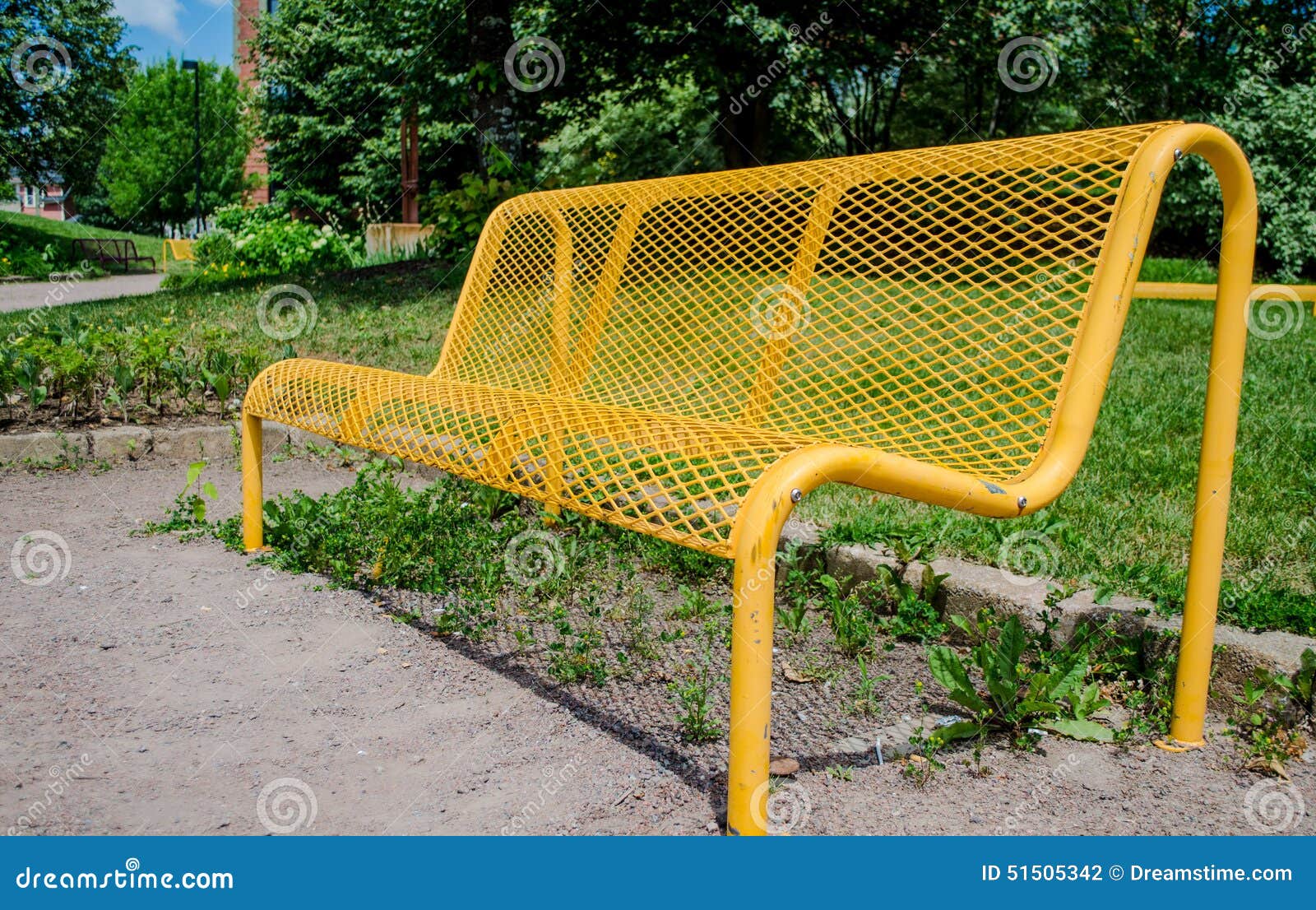 Yellow bench stock photo. Image of tree, color, street 51505342