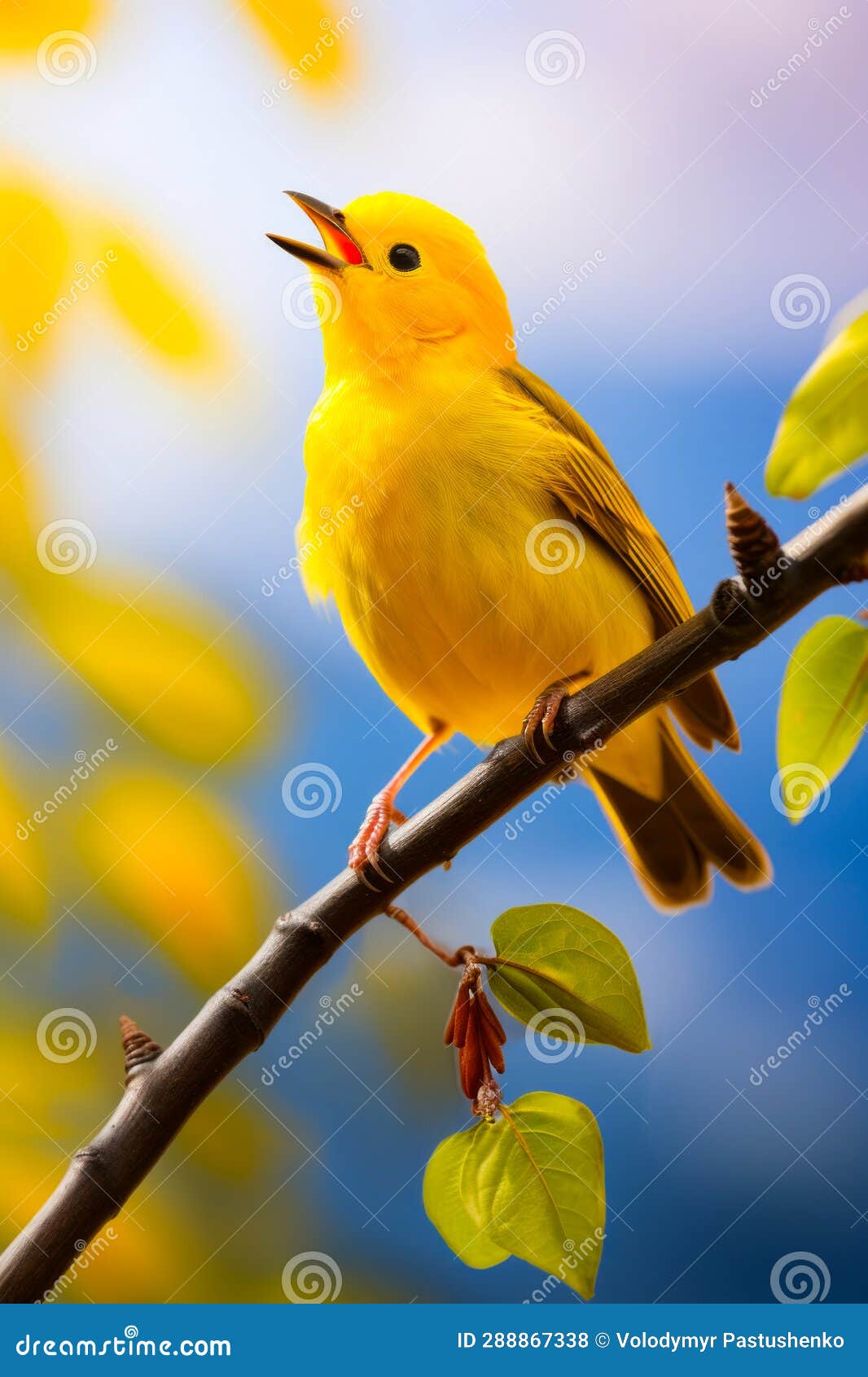 Yellow Bird with Red Beak Sitting on Branch. Generative AI Stock Photo