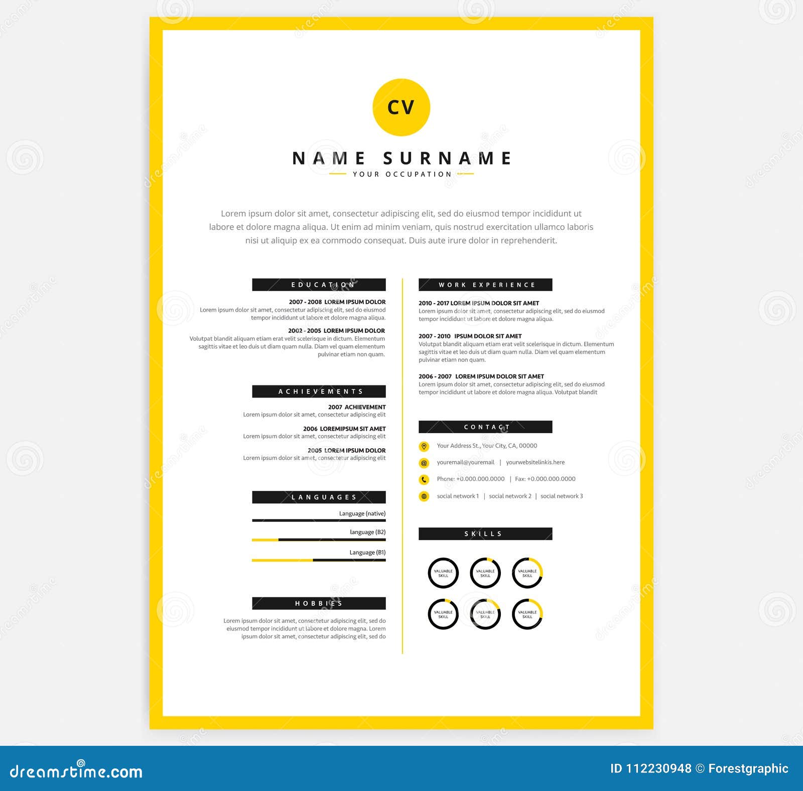yellow black cv resume template - curriculum vitae sample stock vector
