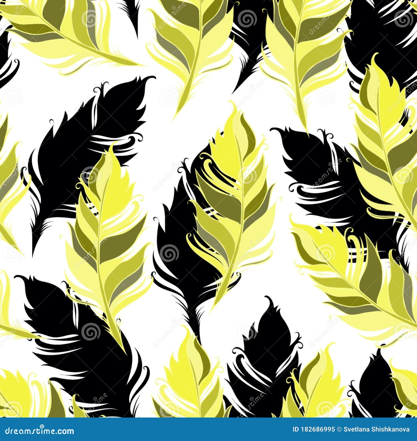 Yellow and Black Feathers on White Background. Seamless Pattern Stock Vector Illustration of