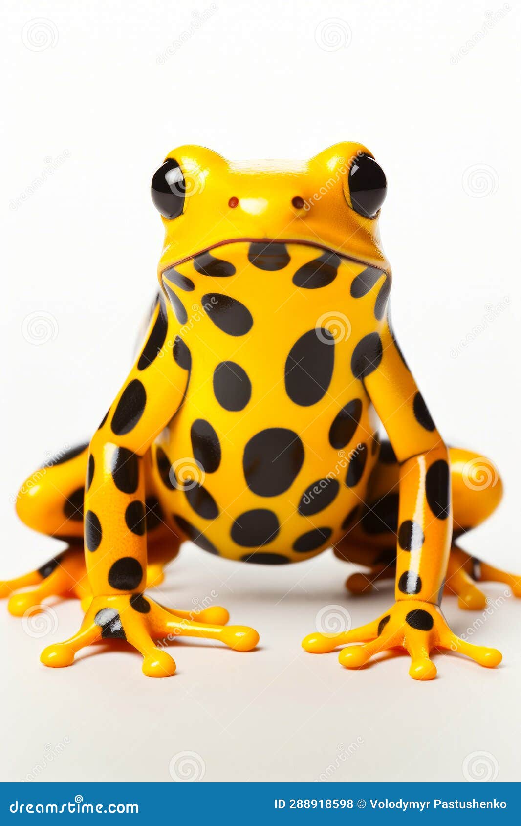 Yellow and Black Frog Sitting on Top of White Surface. Generative AI