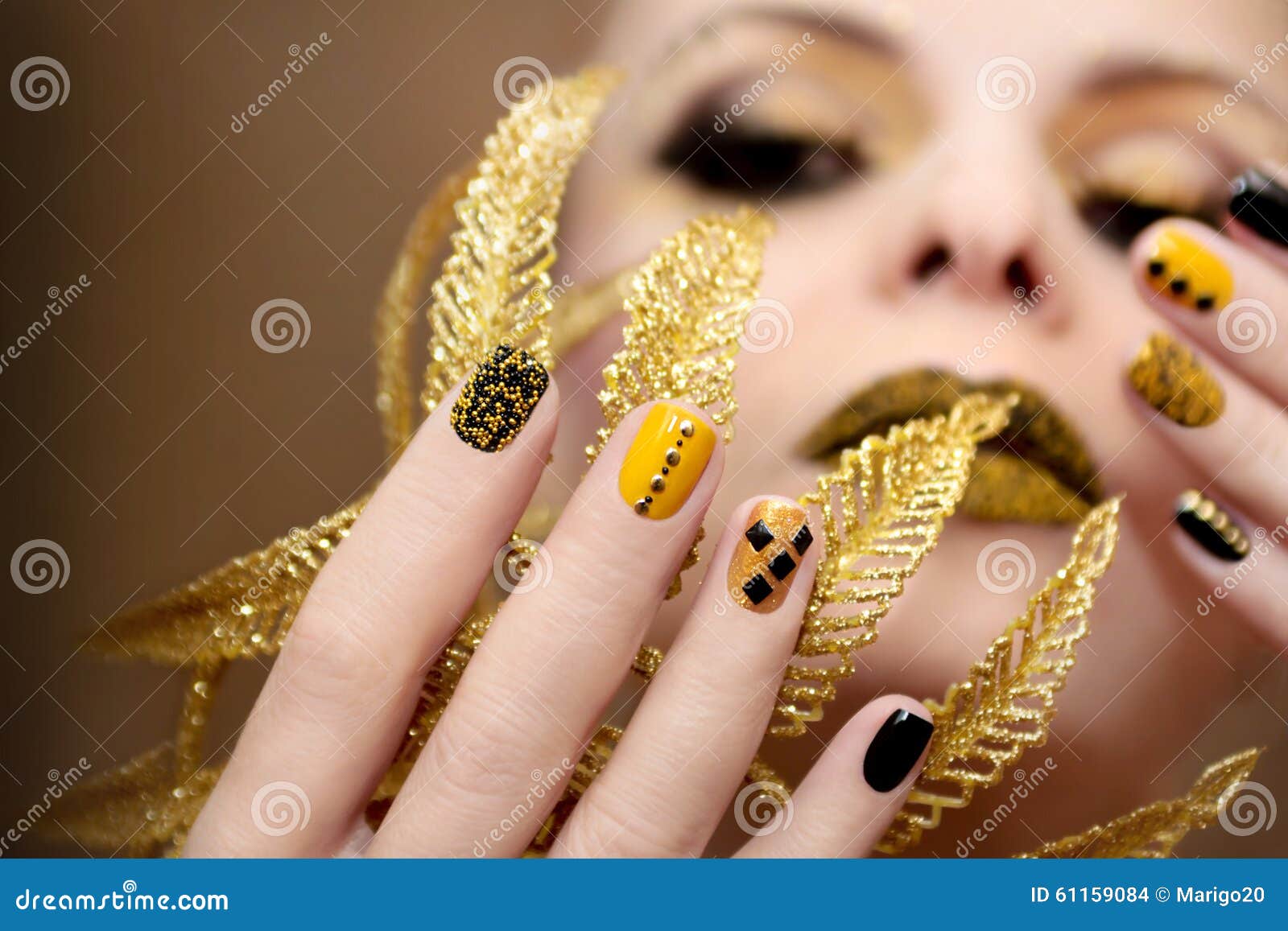 Yellow black manicure. stock photo. Image of brown, fashion - 61159084