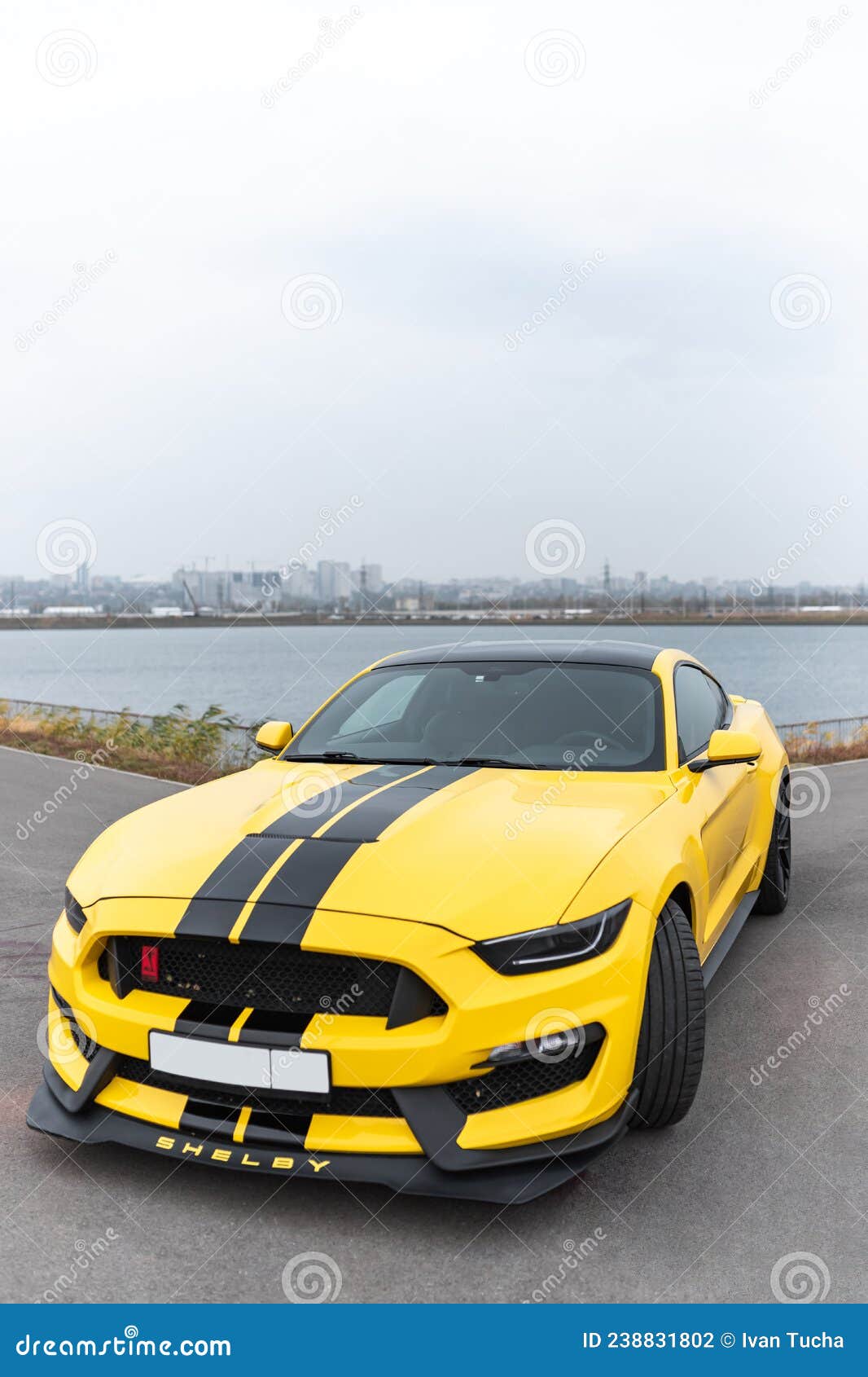 Yellow with Black Stripes Ford Mustang Muscle Car in a Parking Lot