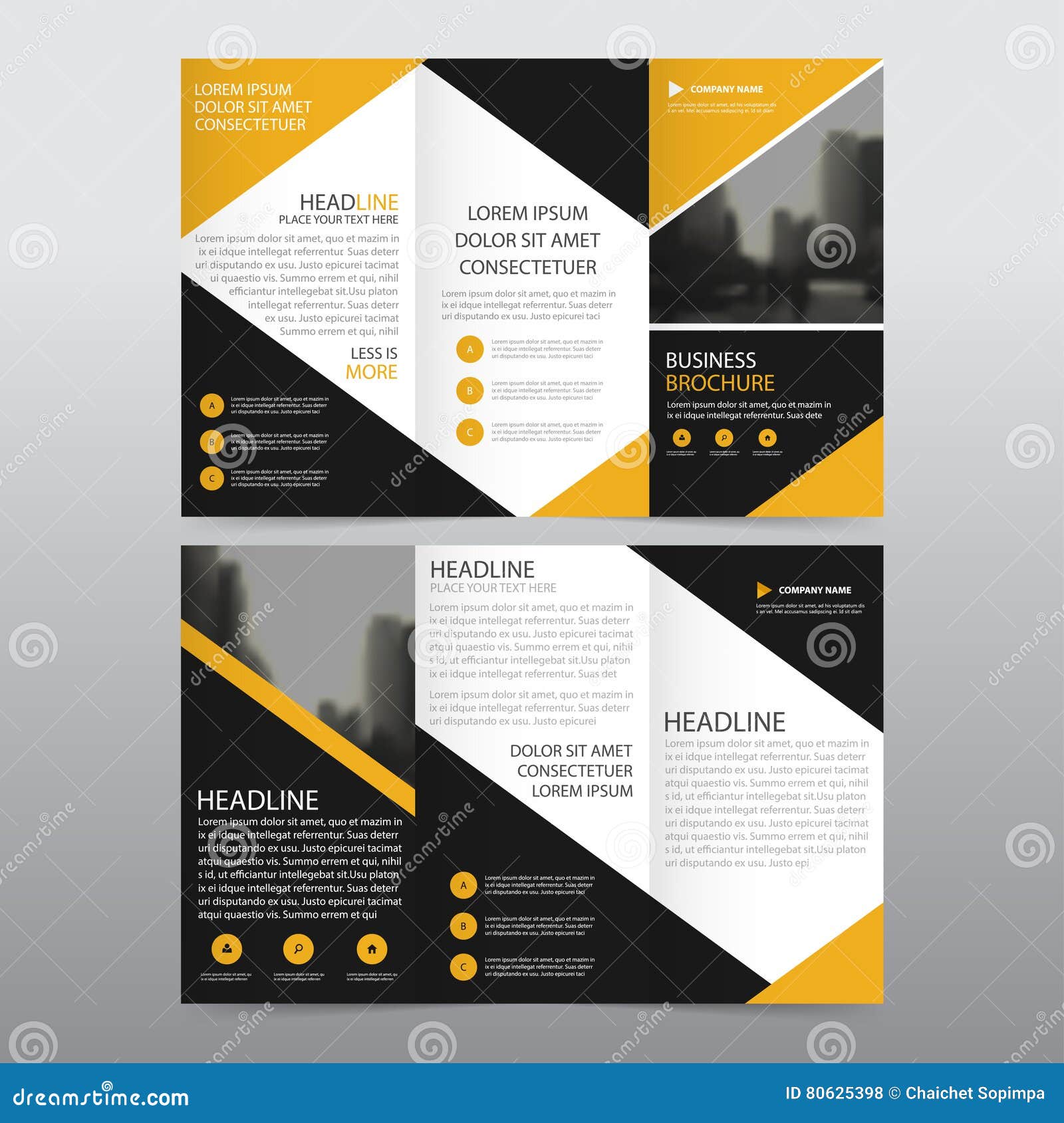 yellow black triangle business trifold leaflet brochure flyer report template  minimal flat  set, abstract three fold