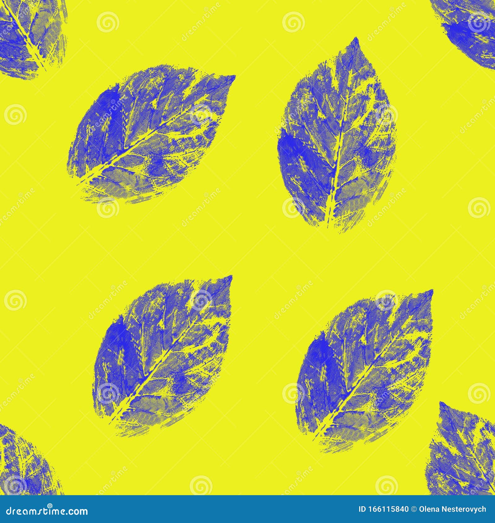 Yellow and Blue Abstract Leaves Silhouette Seamless Pattern. Hand Drawn