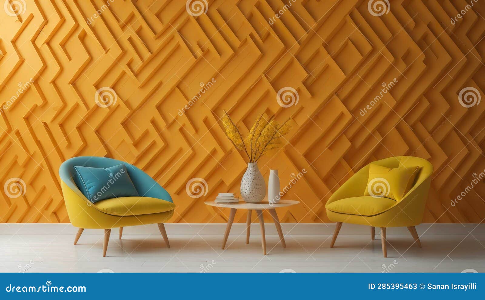 Yellow and Blue Armchairs in Modern Interior. Generative Ai Stock Image