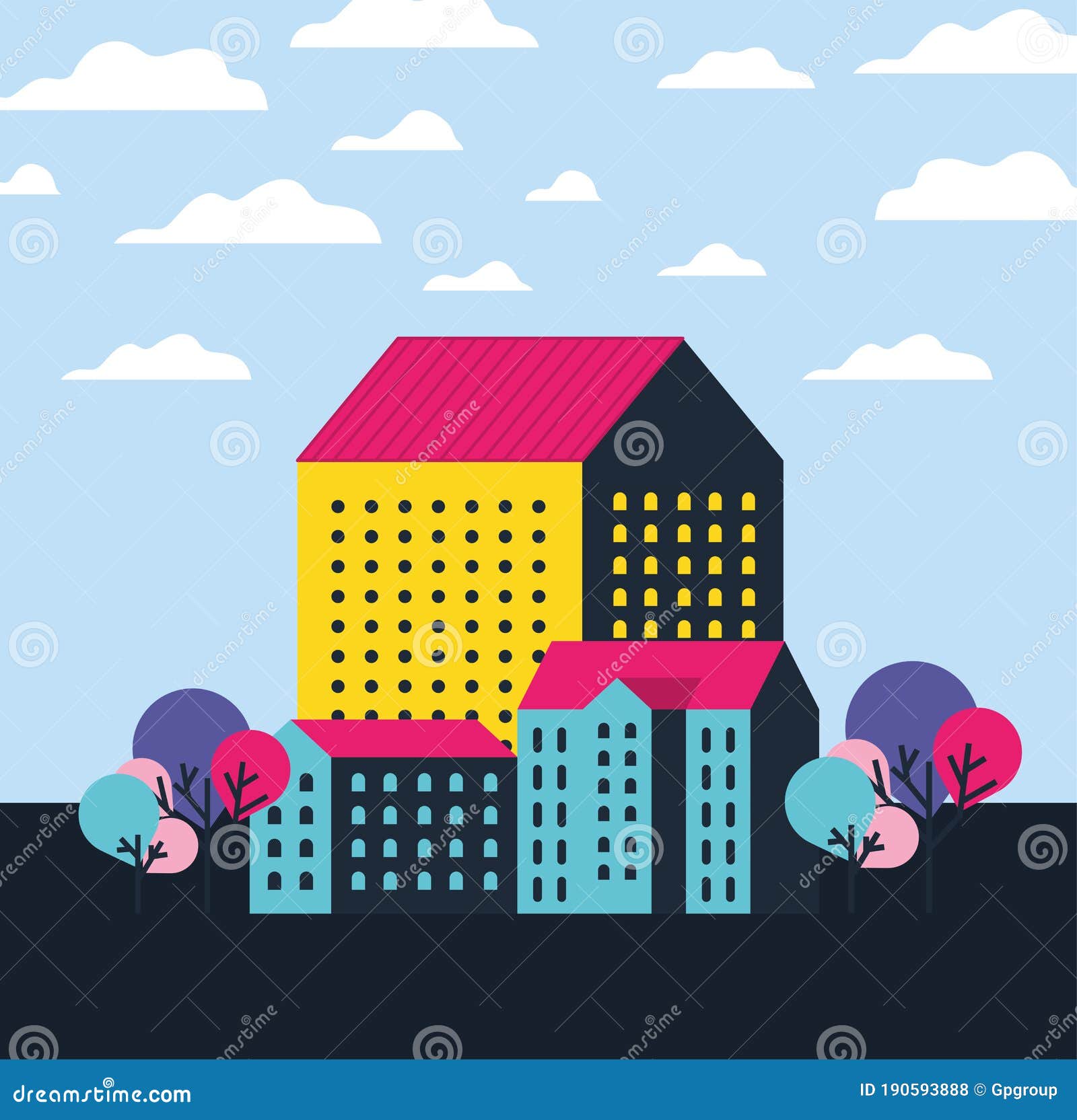 Yellow Blue and Pink City Buildings Landscape with Clouds and Trees ...