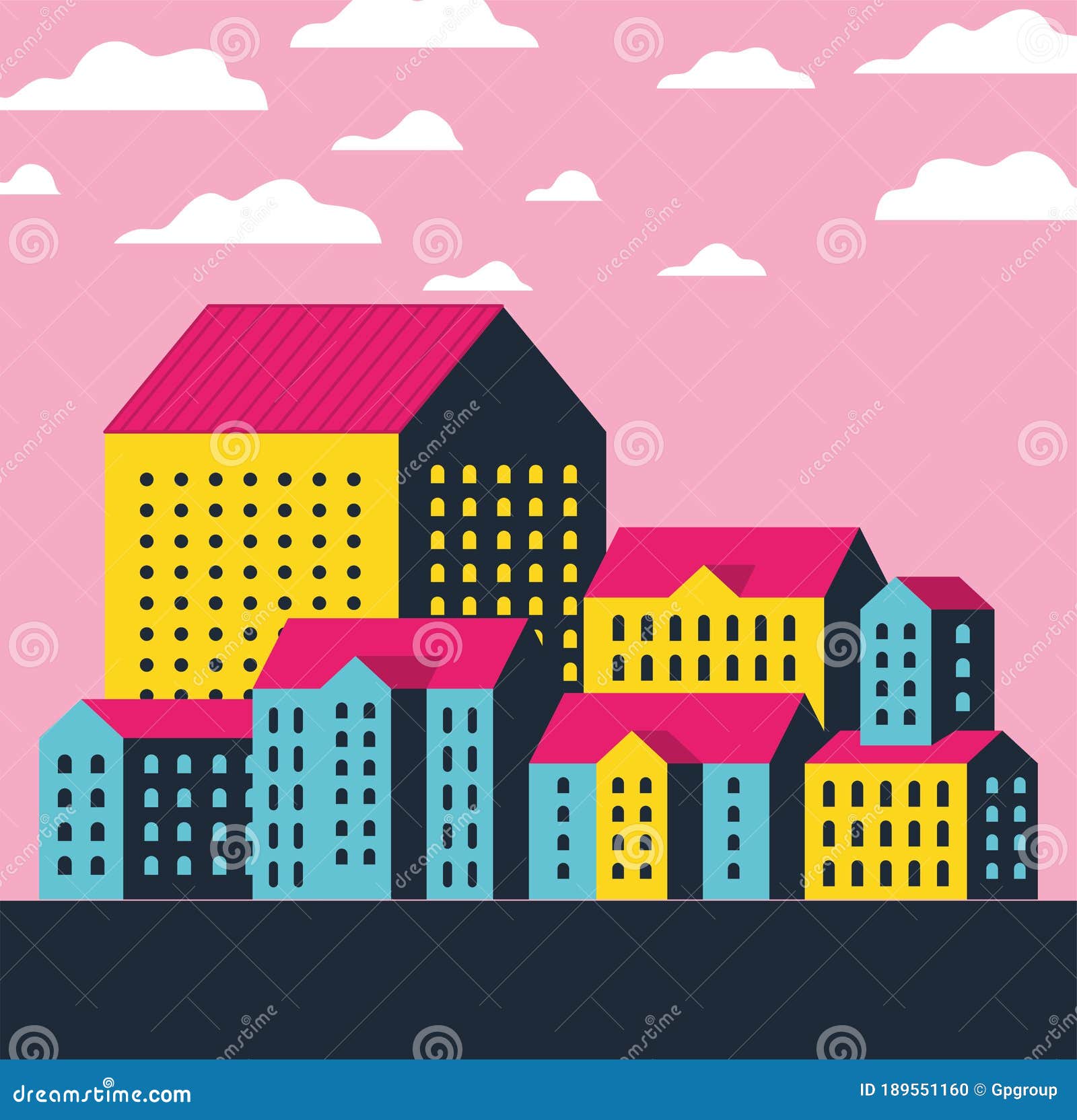 Yellow Blue and Pink City Buildings Landscape with Clouds Vector Design ...