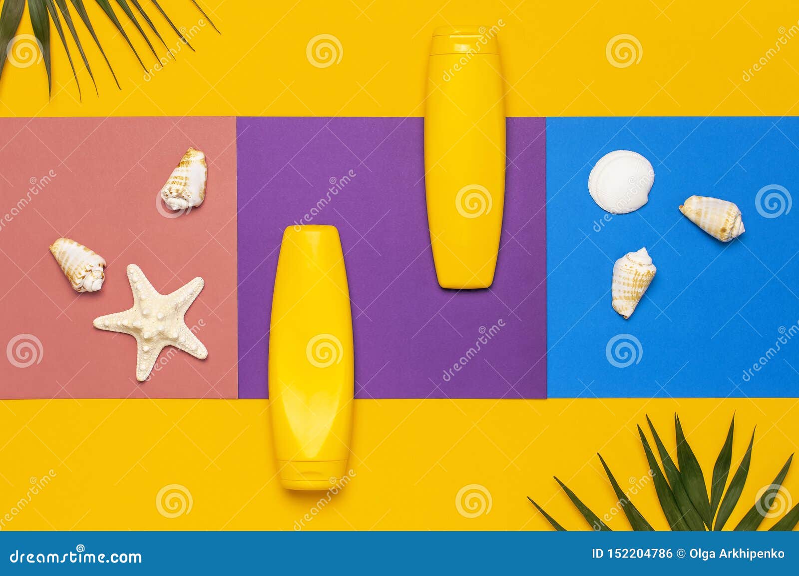 Yellow Bottles of Sunscreen Cream, Tropical Palm Leaves, Shells ...