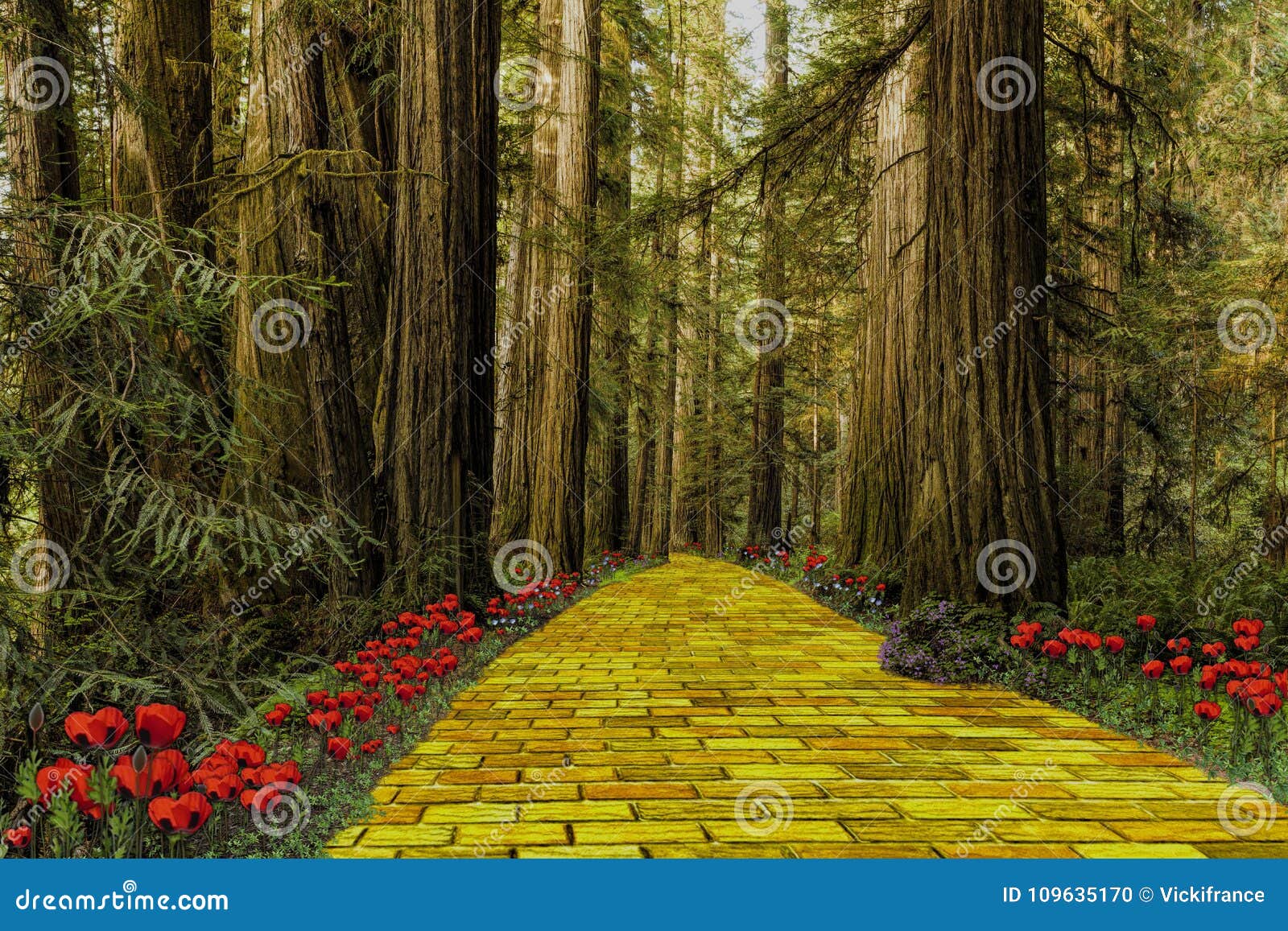 yellow brick road leading through a forest