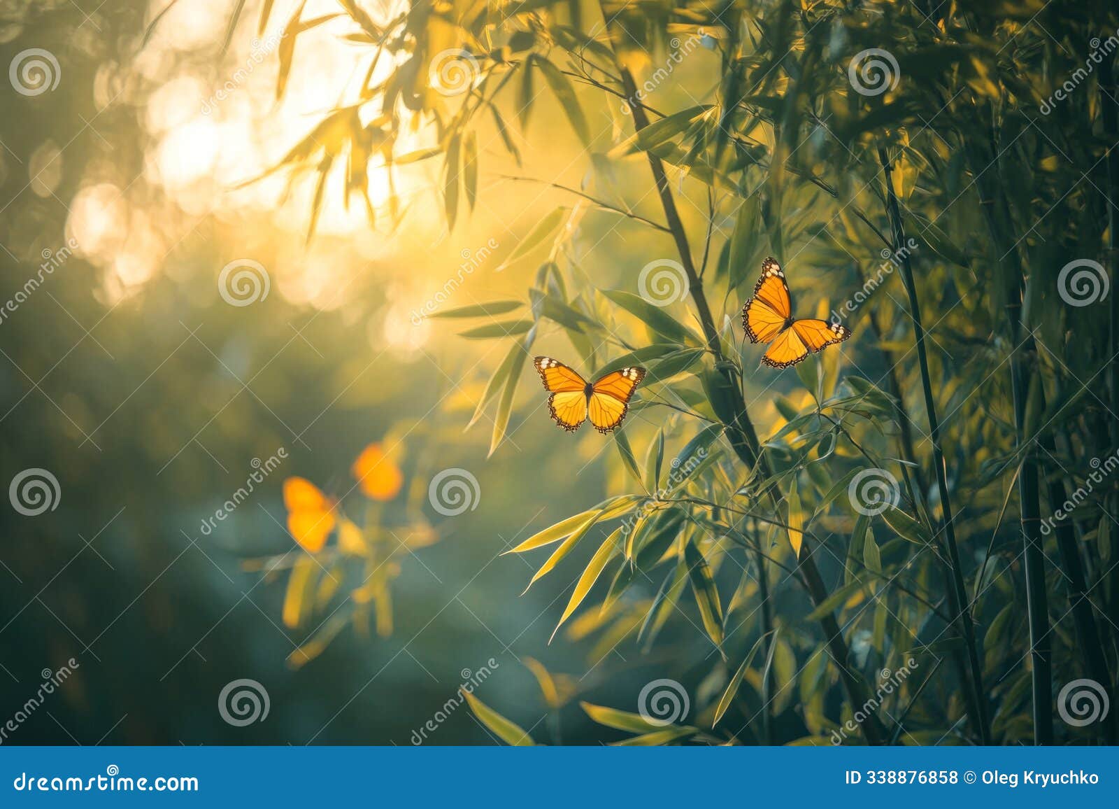 yellow butterflies dance among green bamboo leaves in soft golden light. this serene nature image evokes calm and beauty