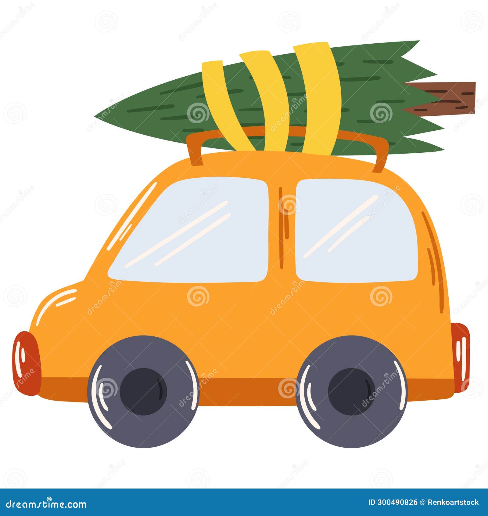 Yellow Car with a Christmas Tree on the Roof. Stock Photo Image of