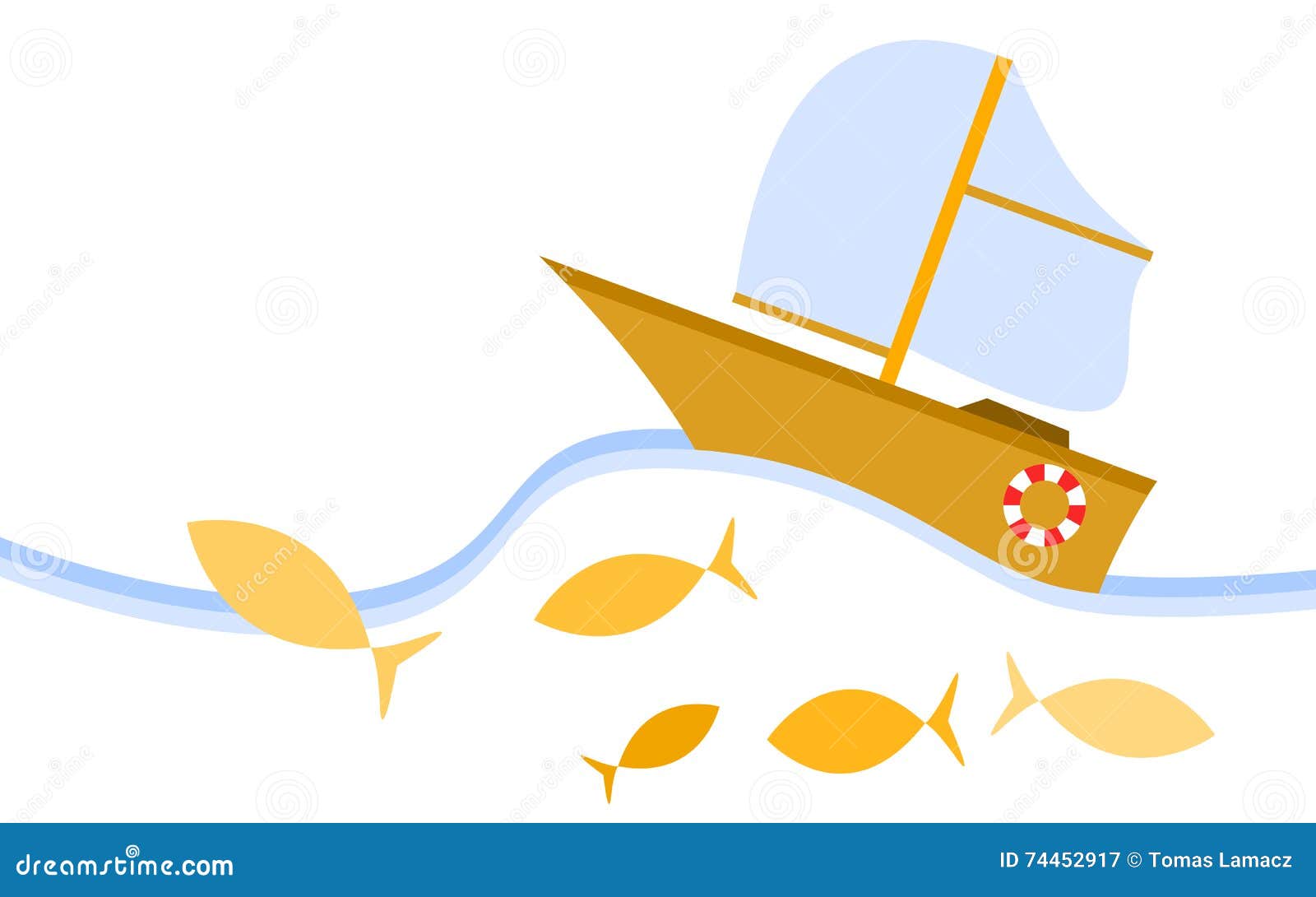 Yellow cartoon style sailboat. The boat is sailing in the sea among fish. Vector illustration.