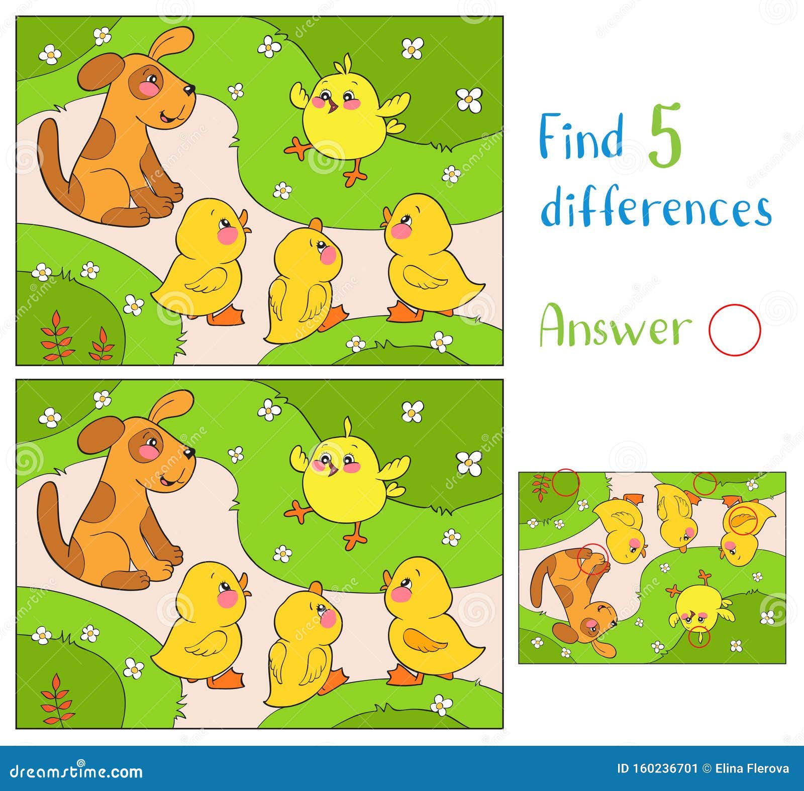 A Yellow Chicken Cheers Ducks and Puppy. Find 5 Differences Stock ...
