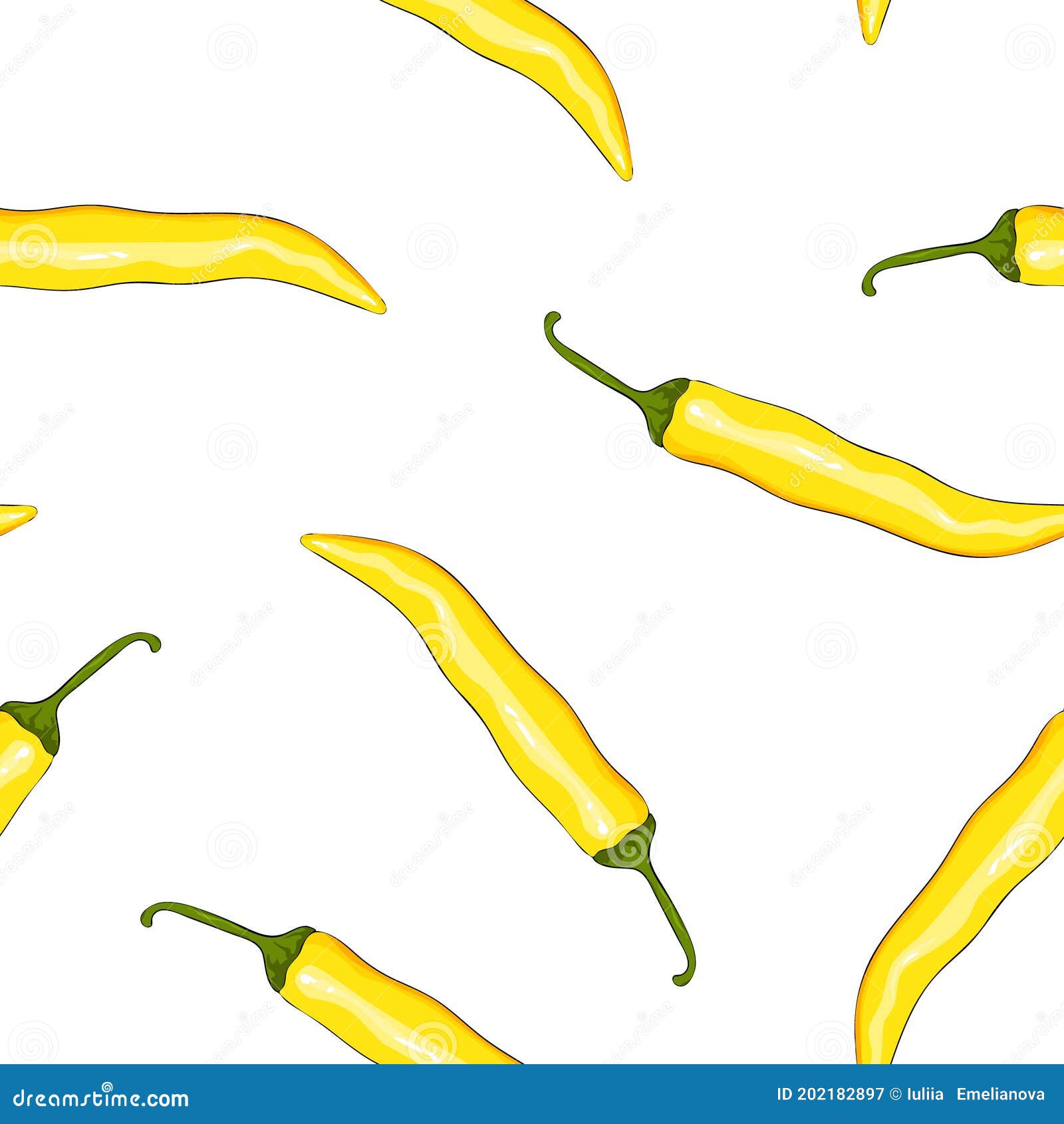 Yellow Chilli Pepper. Peppers Background. Hand Drawing. Vector Illustration. Seamless Pattern