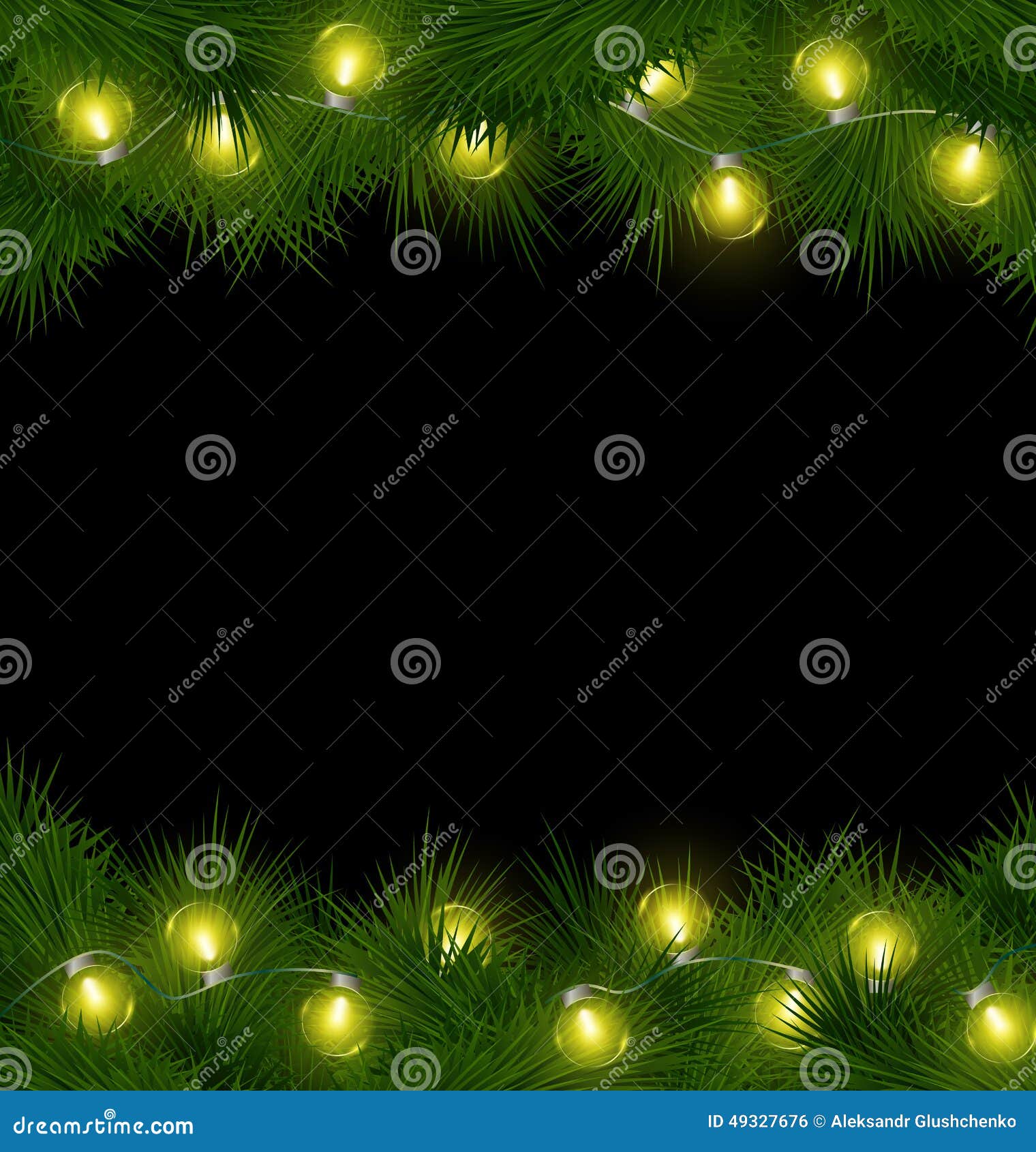 Yellow Christmas Lights on Pine Isolated on Black Stock Vector
