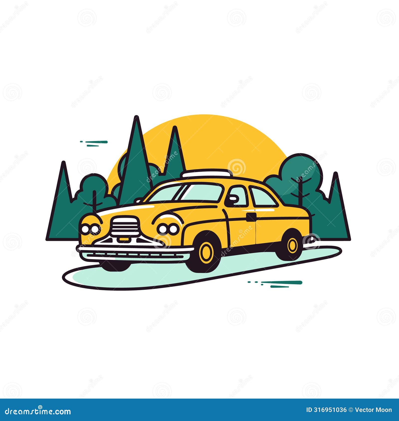 yellow classic car drives through countryside, mountainous backdrop, sunset behind. vintage