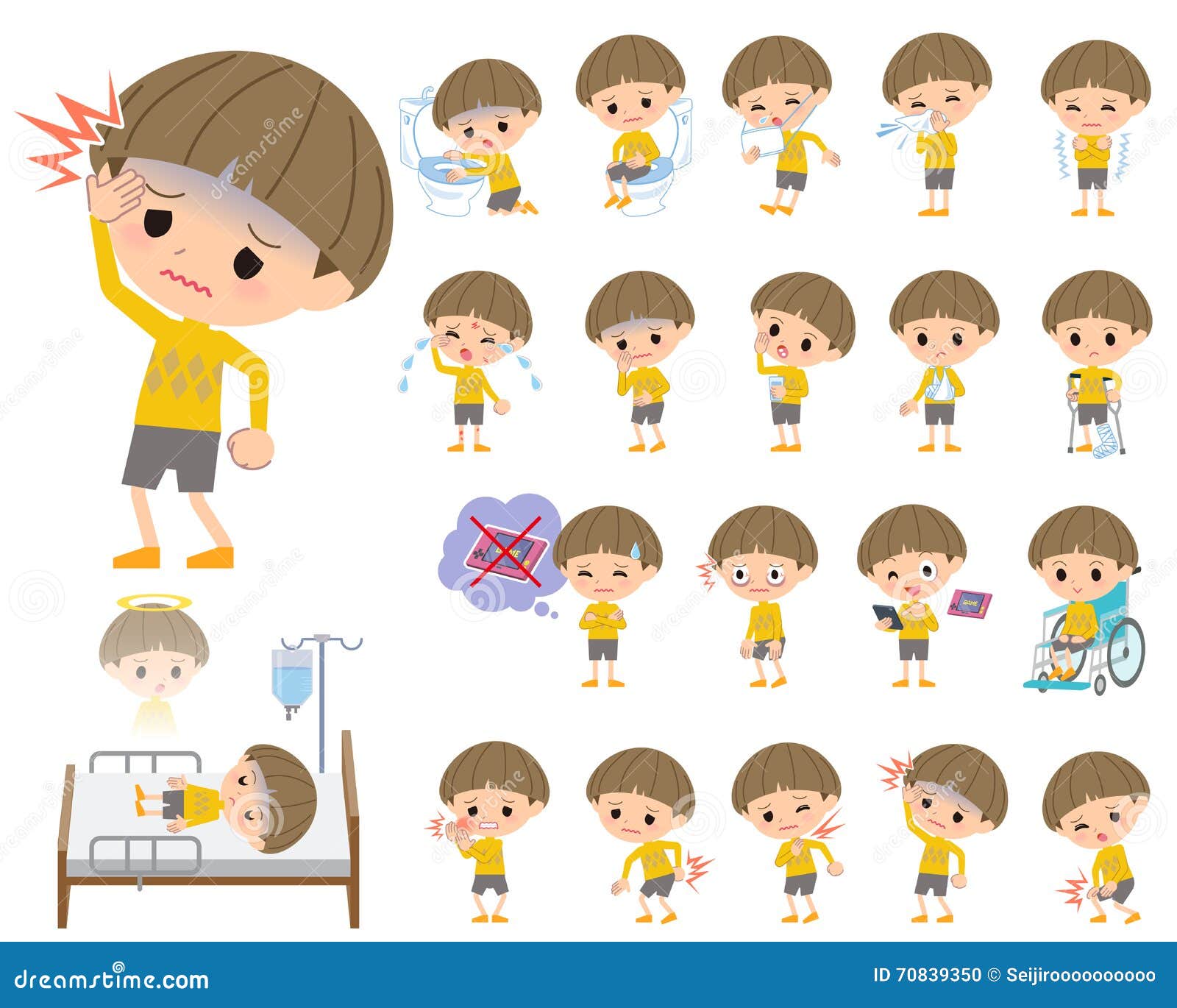 Yellow Clothes Bobbed Boy about the Sickness Stock Vector