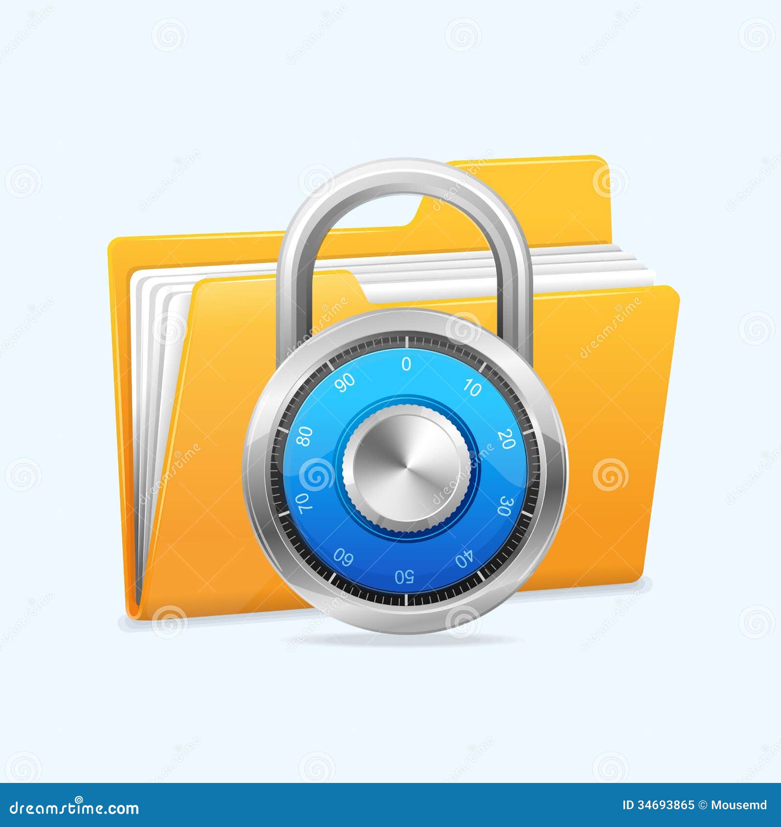 Yellow computer folder and combination lock. Data security concept.