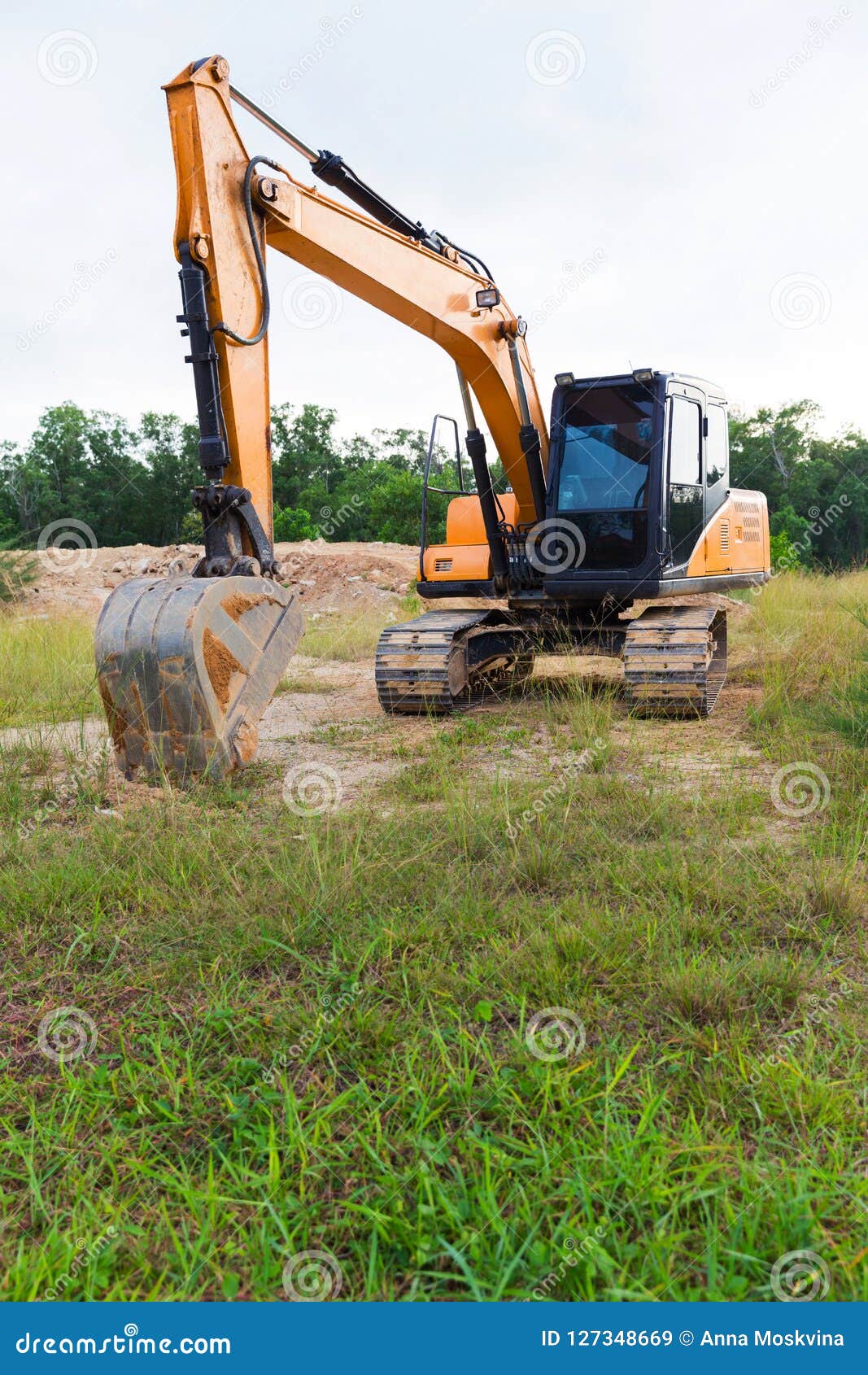 Yellow Construct Transport Excavator Digging Earth Outdoors Stock Image
