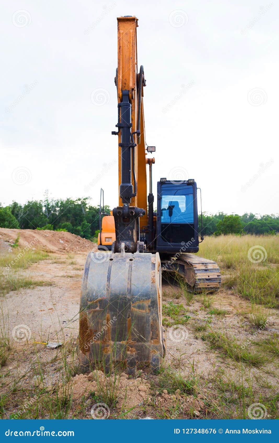 Yellow Construct Transport Excavator Digging Earth Outdoors Stock Photo
