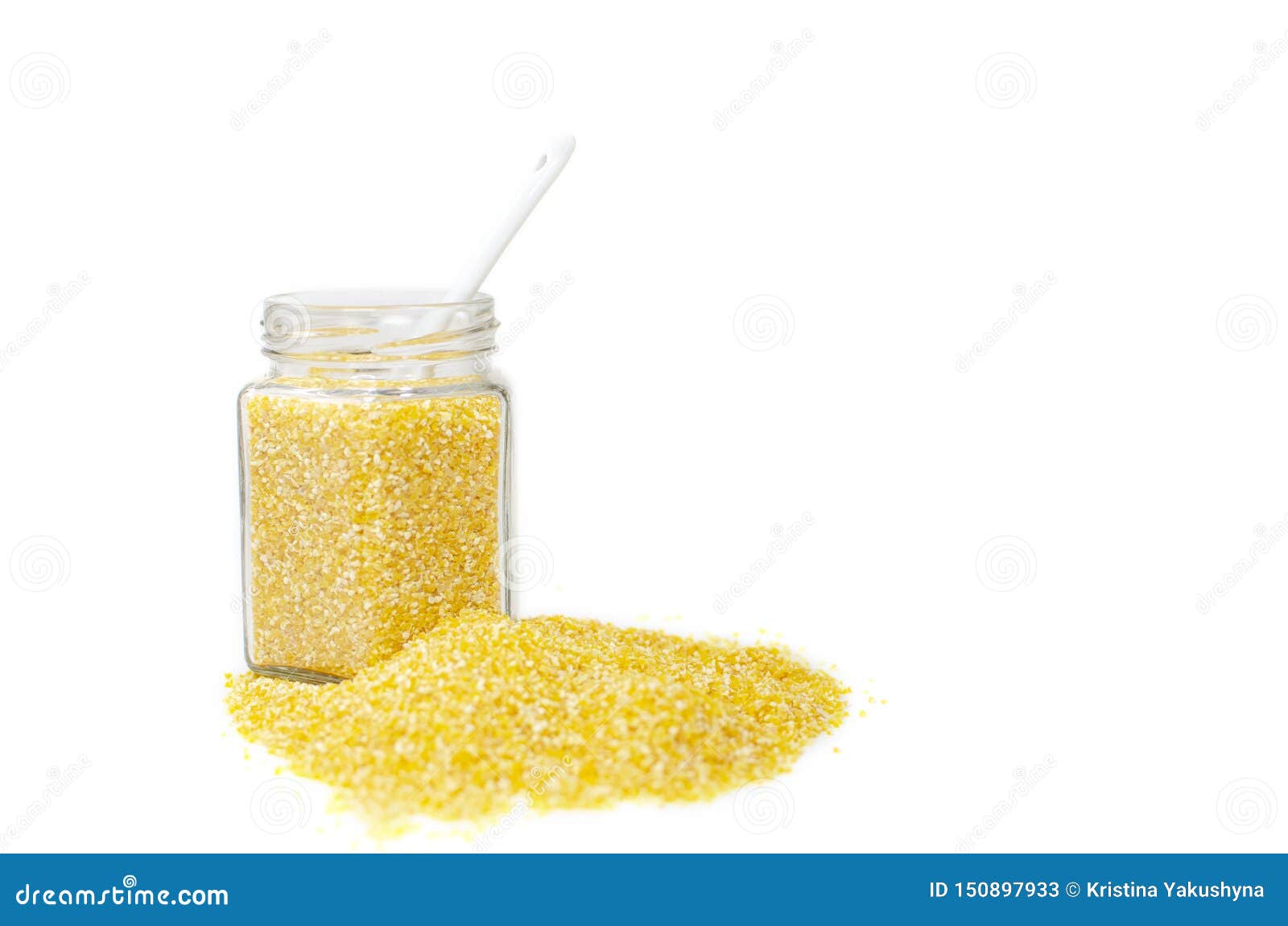 Yellow Corn Grits are in a Glass Jar on a White Background Stock Image