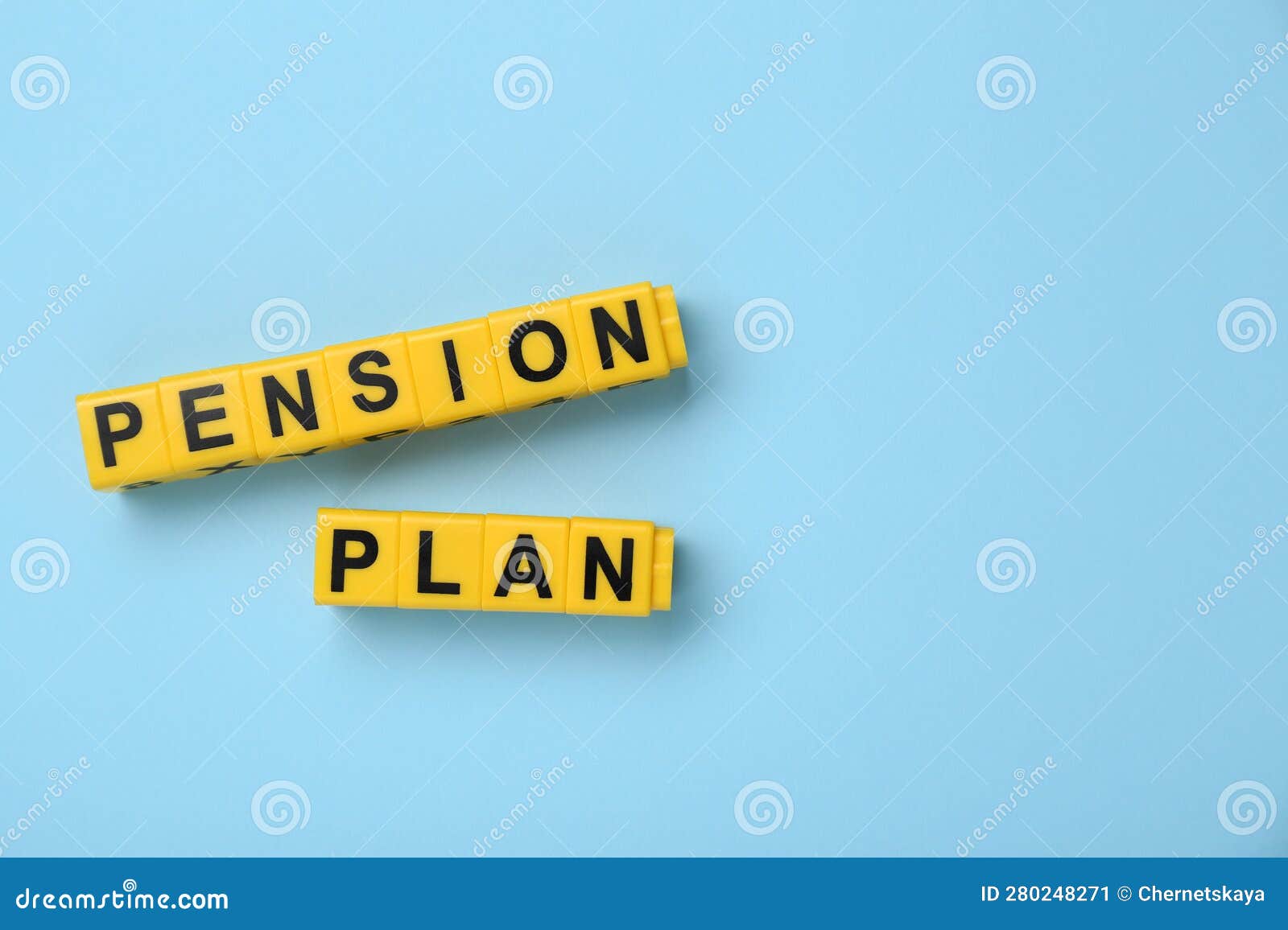 Yellow Cubes with Phrase Pension Plan on Light Blue Background, Flat