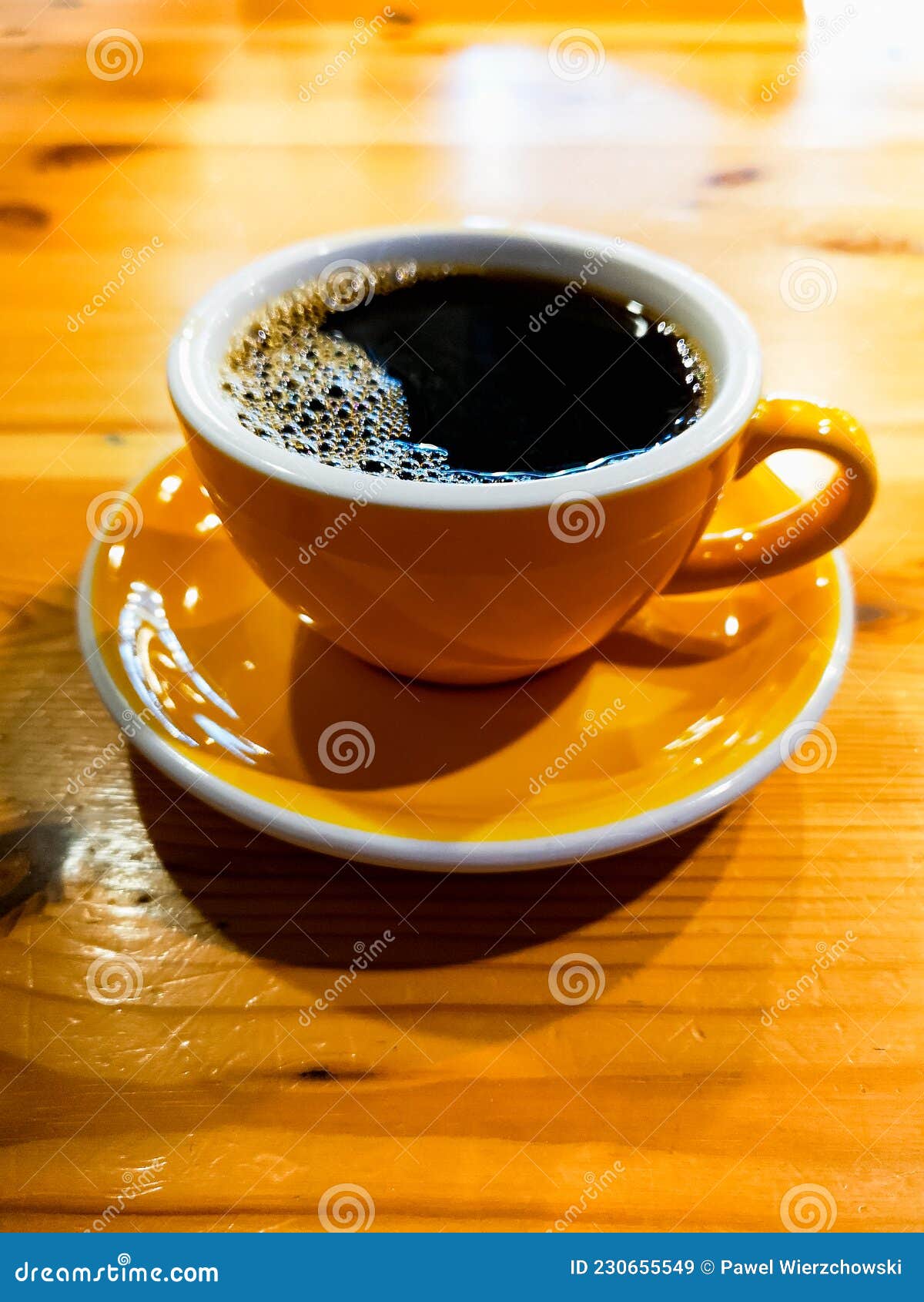 Yellow Cup of Black Overflow Coffee in Small Cafe Stock Image Image