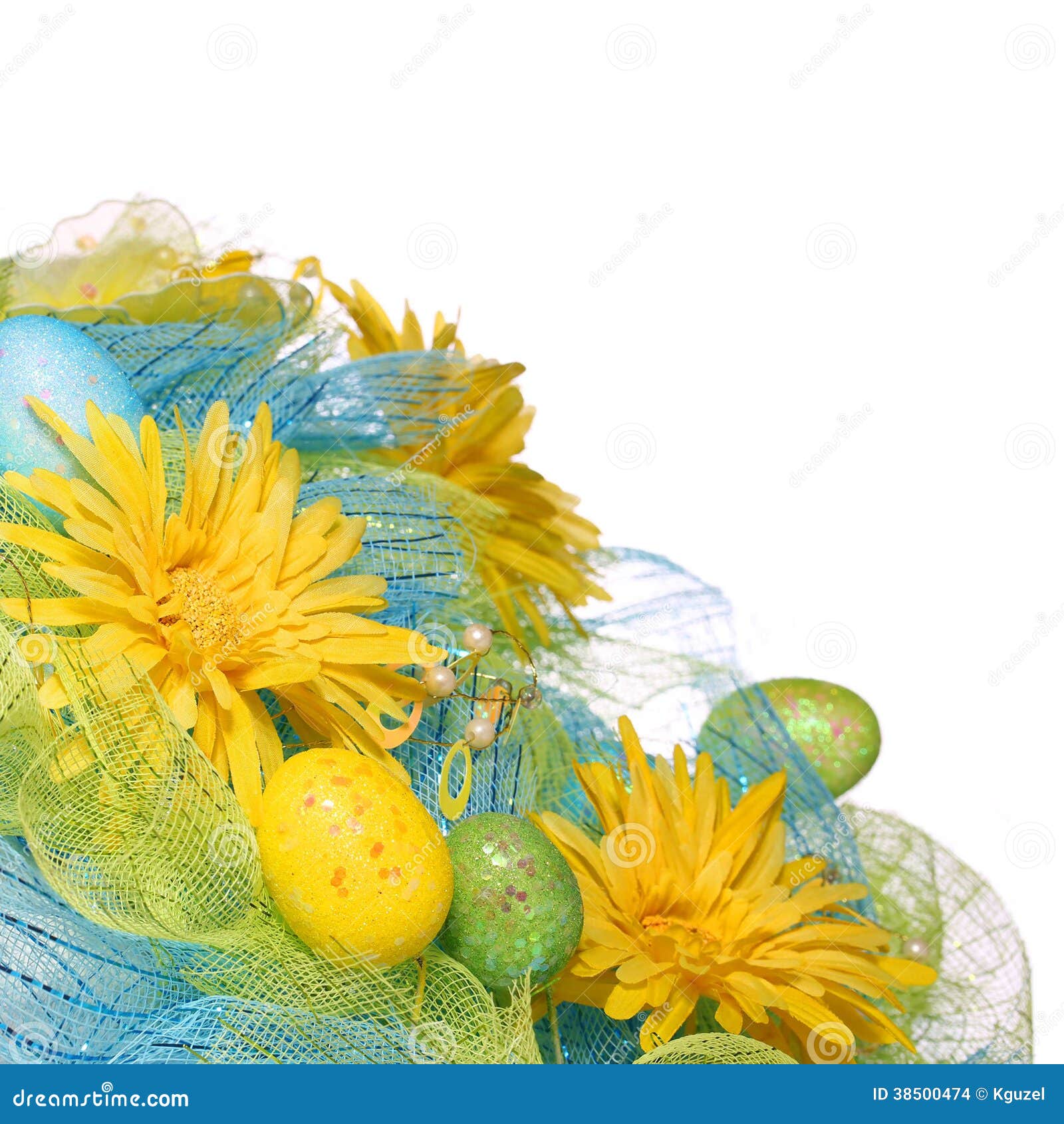 Yellow Daisies with Easter Eggs Over White Background. Spring Stock