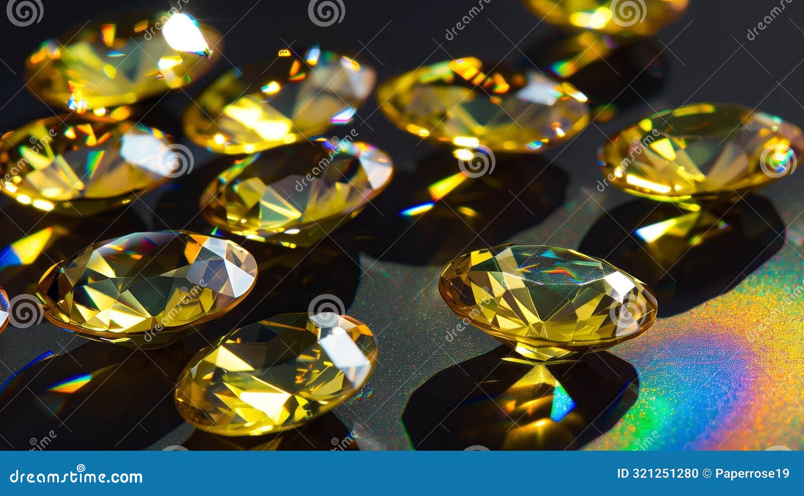 yellow diamods, oval form, top view, black background with rainbow