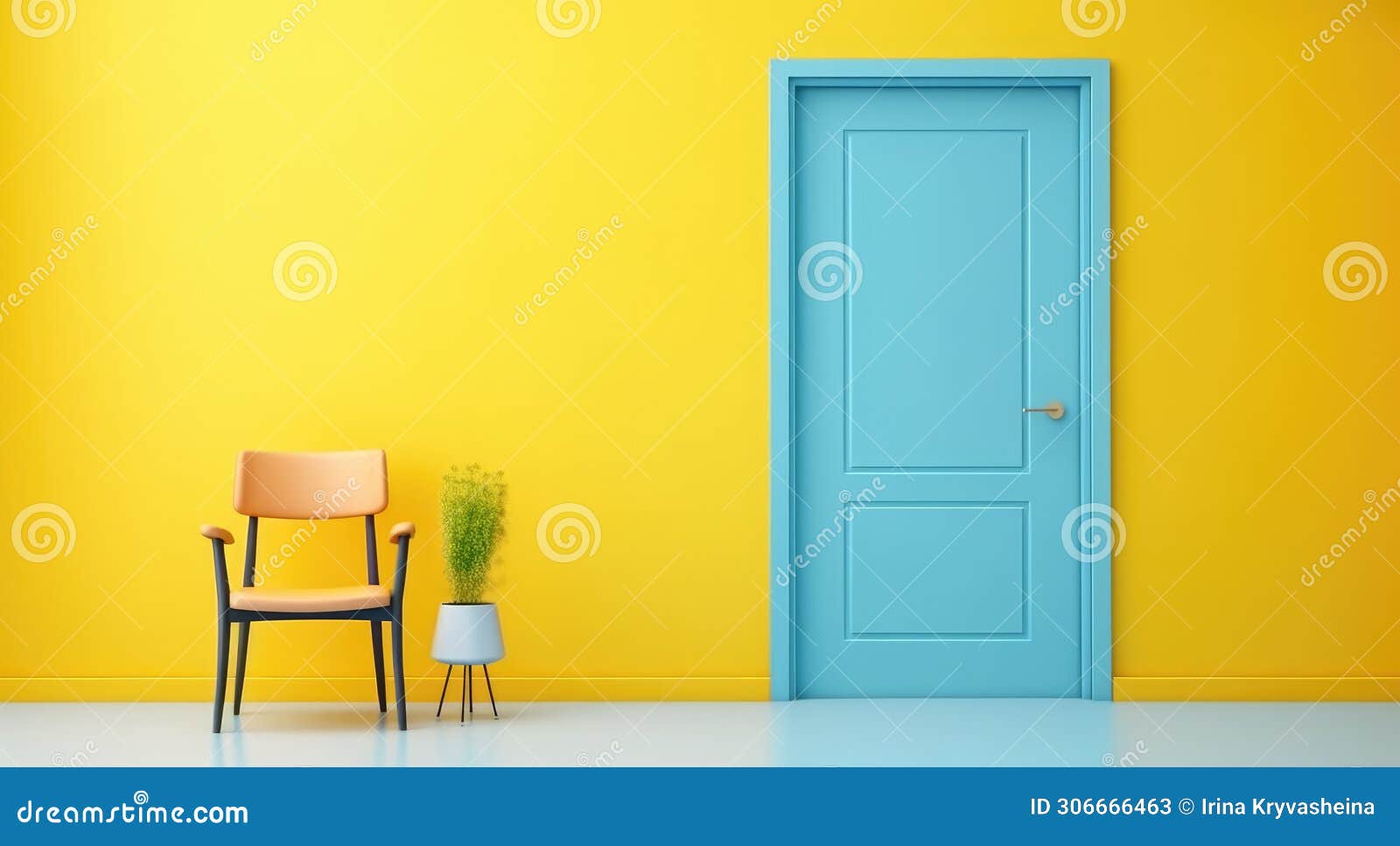 A Yellow Door, Chair and Blue Wall Yellow Door Stock Image Image of