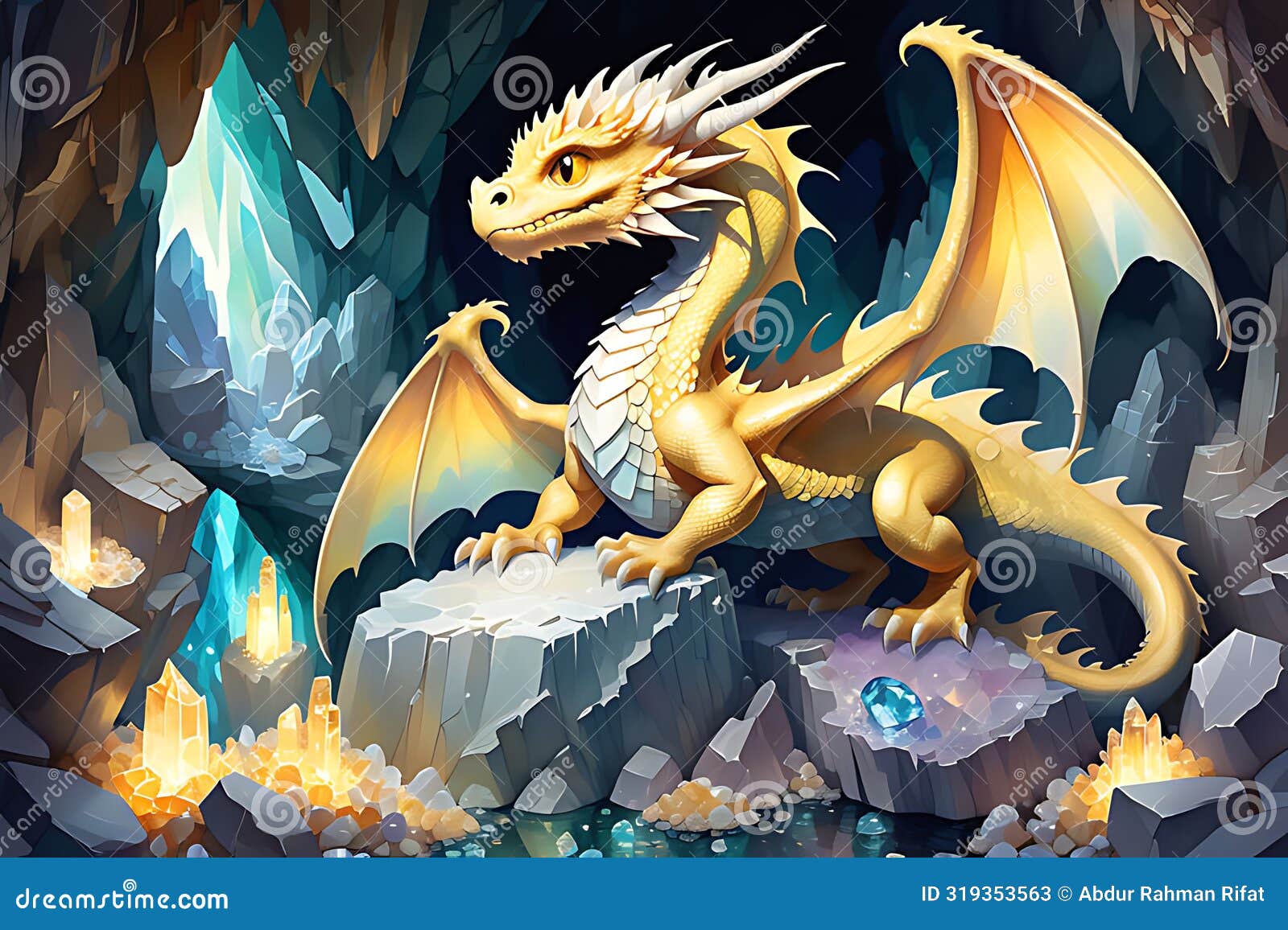 yellow dragon perched on rock