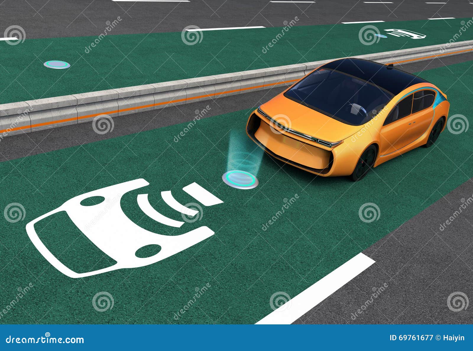 yellow electric car on ev wireless charging lane