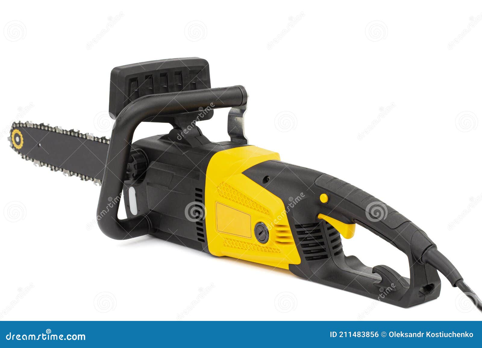 Yellow Electric Chain Saw, Isolated on White Background Stock Photo