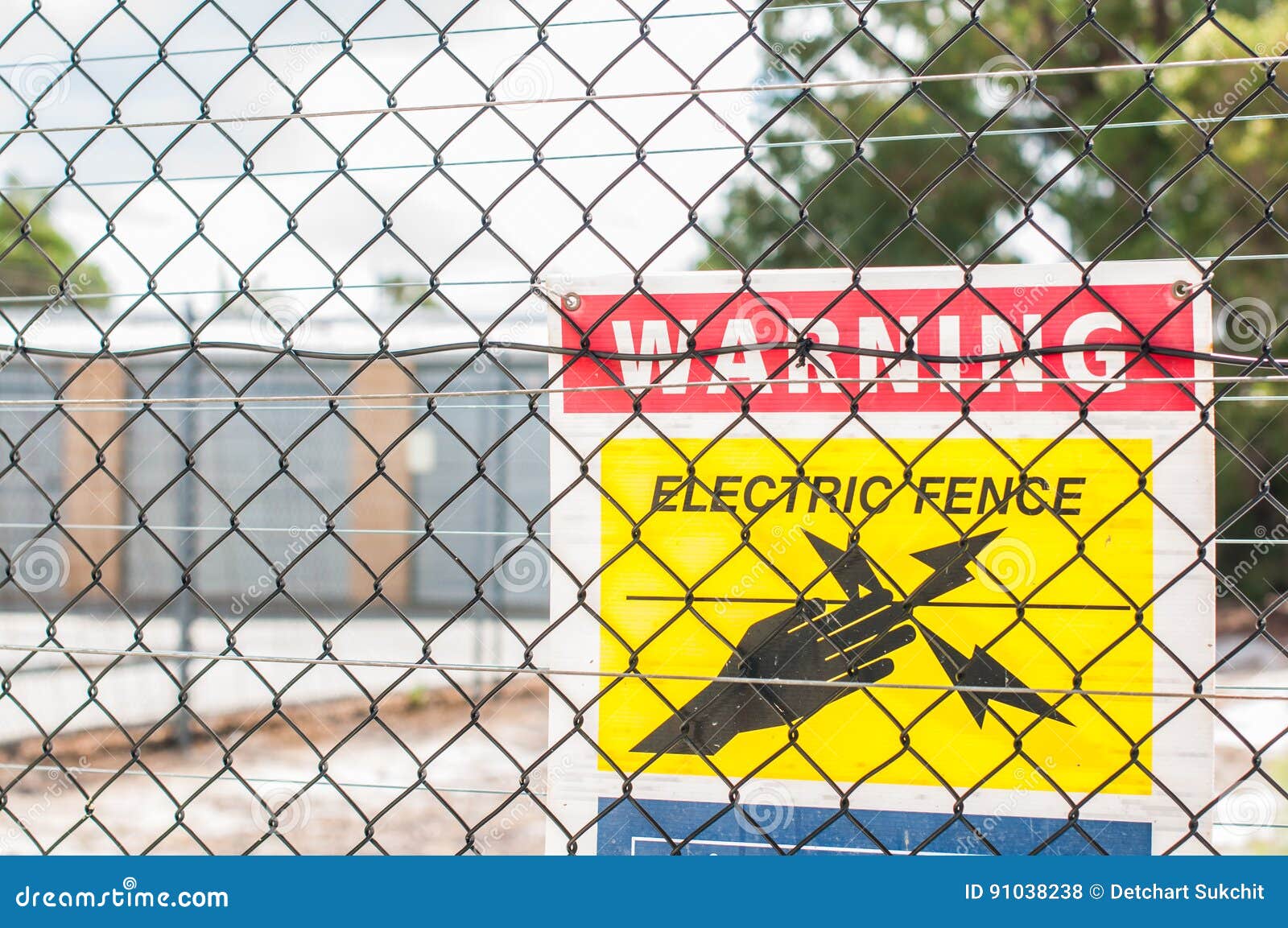 Yellow electric fence. stock photo. Image of message 91038238